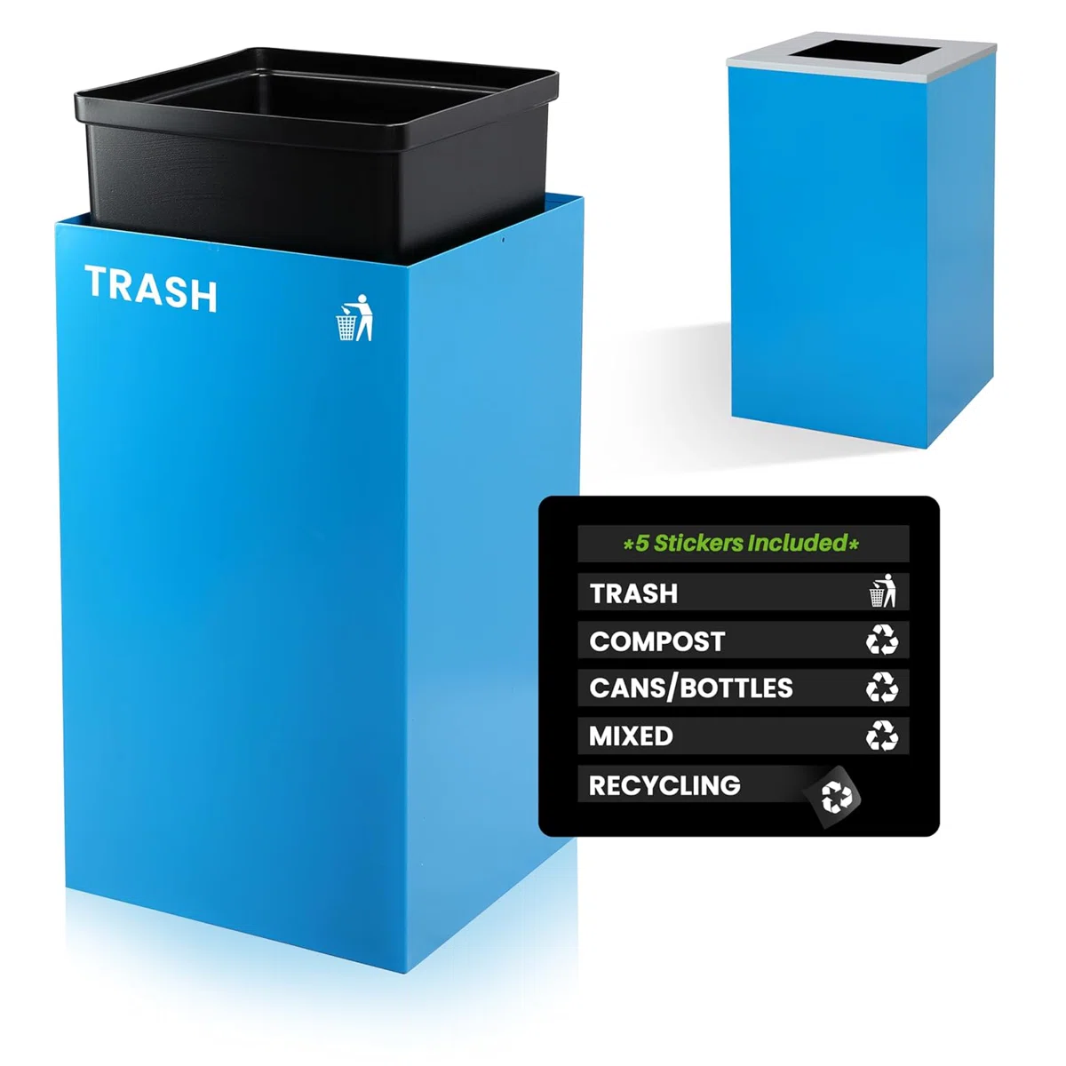 Square Recycling Bin – 29 Gallons - Blue Can, Square Opening Lid, for Trash