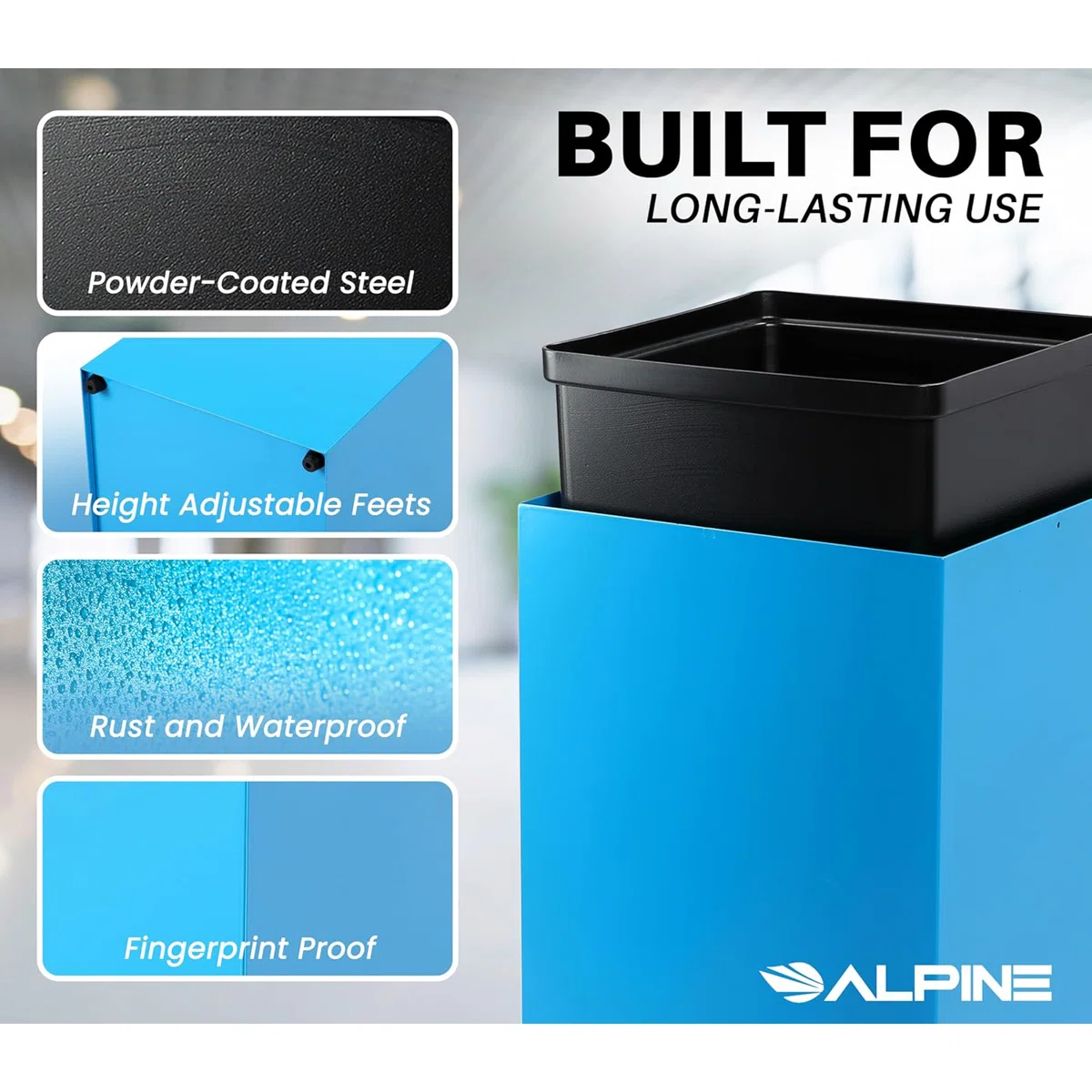 Square Recycling Bin – 29 Gallons - Blue Can, Square Opening Lid, for Trash