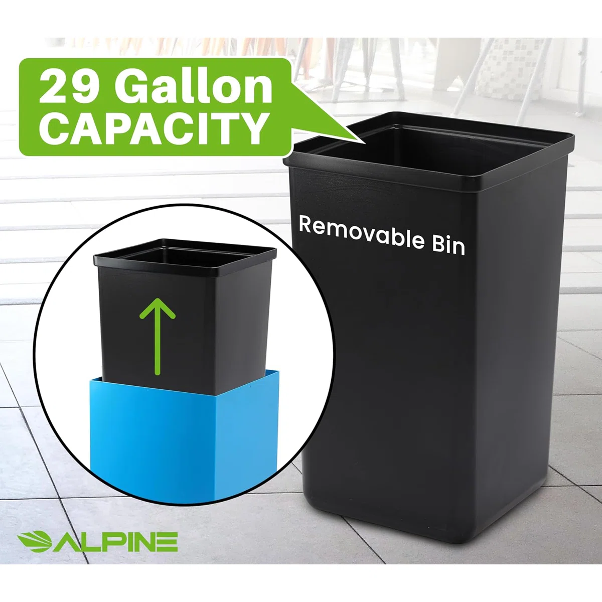 Square Recycling Bin – 29 Gallons - Blue Can, Square Opening Lid, for Trash