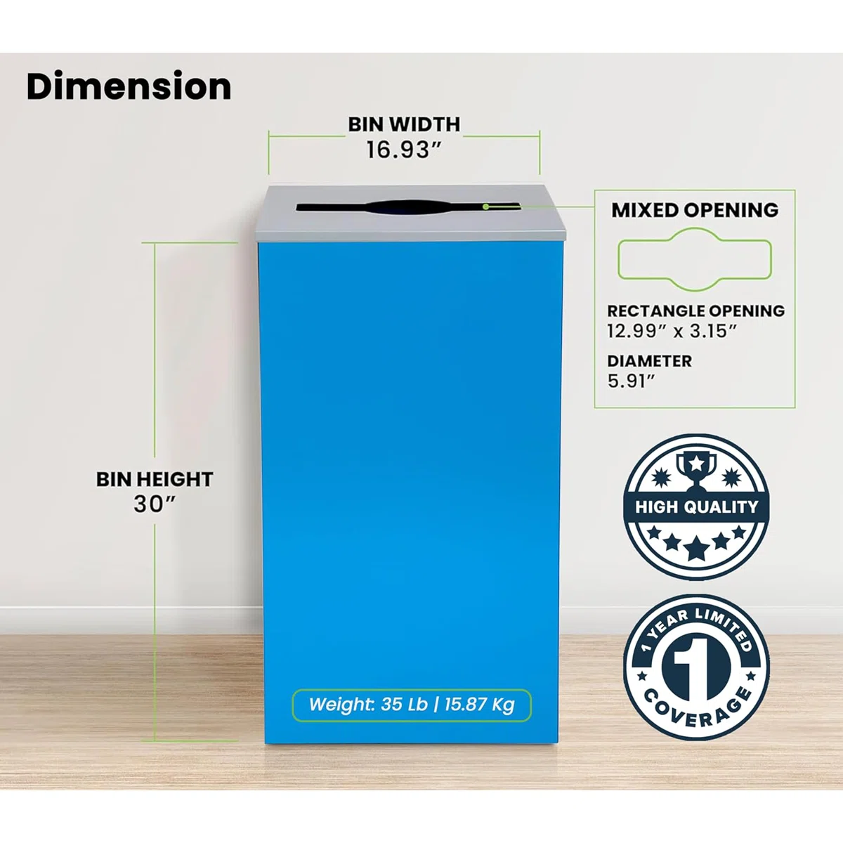 Square Recycling Bin – 29 Gallons - Blue Can, Square Opening Lid, for Trash