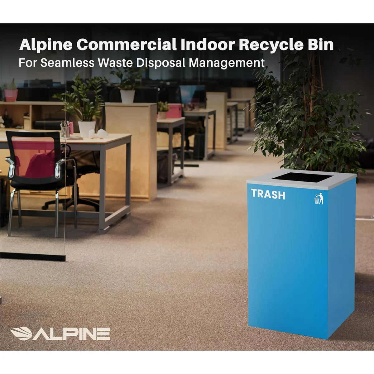 Square Recycling Bin – 29 Gallons - Blue Can, Square Opening Lid, for Trash