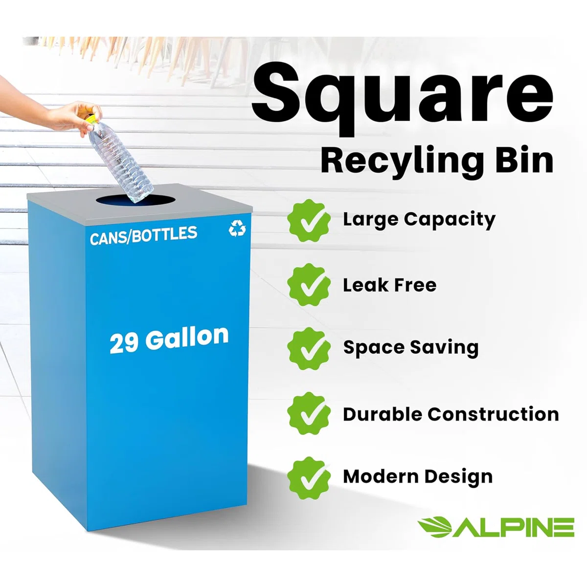 Square Recycling Bin – 29 Gallons - Blue Can, Square Opening Lid, for Trash