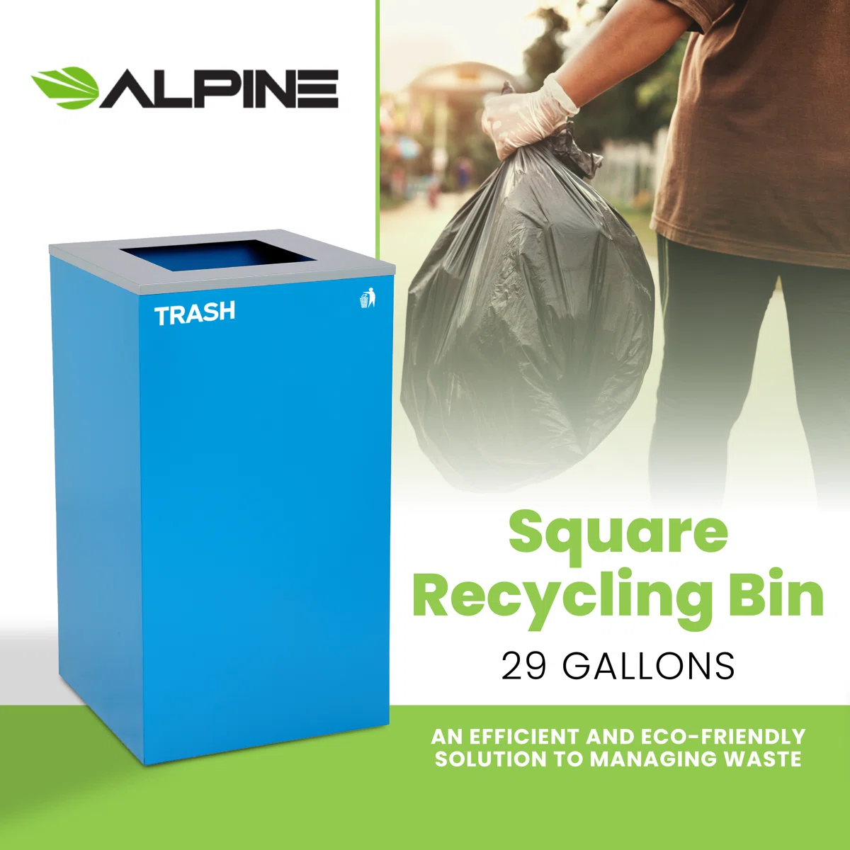 Square Recycling Bin – 29 Gallons - Blue Can, Square Opening Lid, for Trash