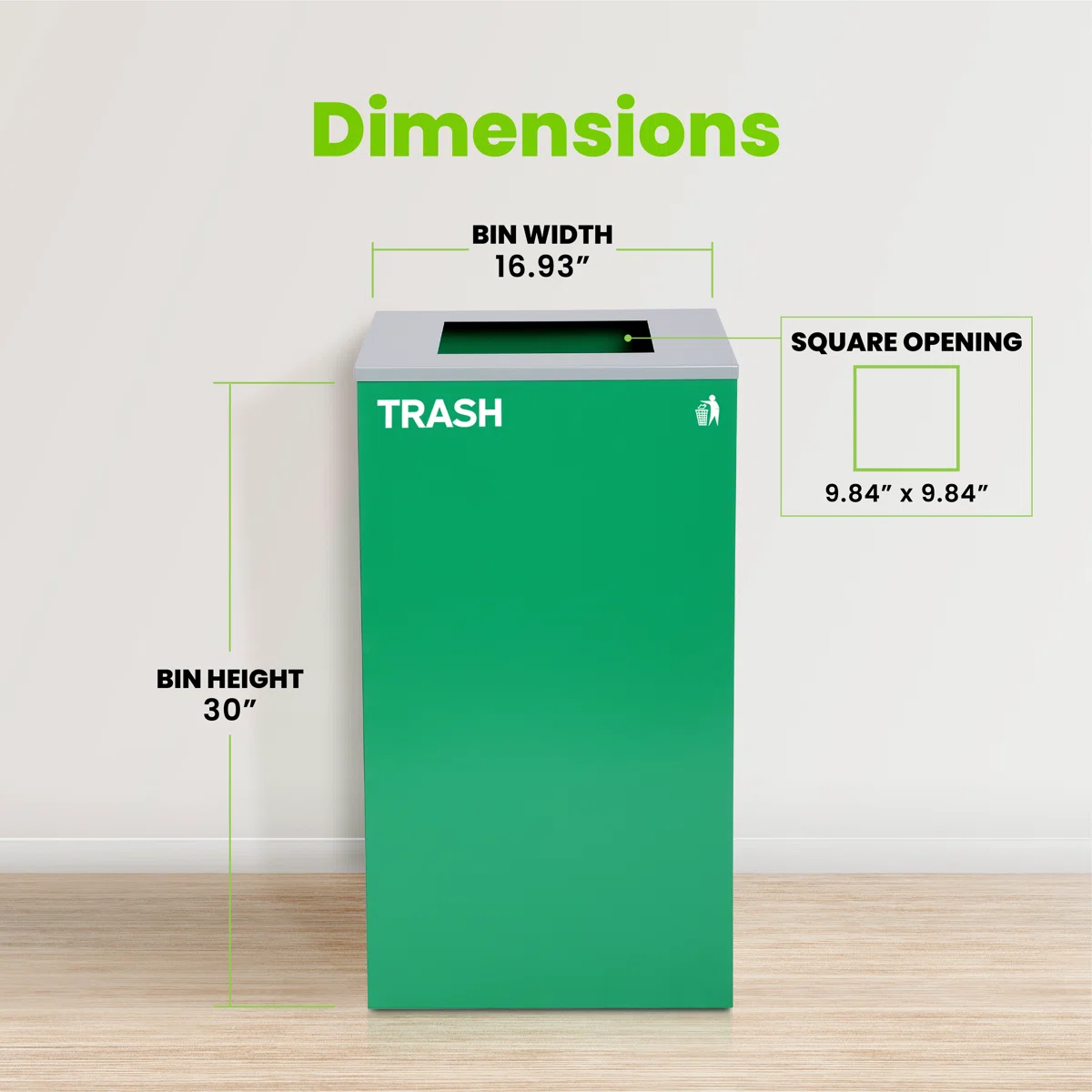 Square Recycling Bin – 29 Gallons - Green Can, Square Opening Lid, for Trash