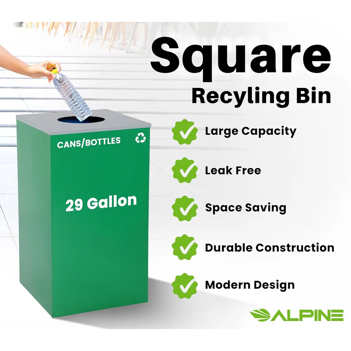 Square Recycling Bin – 29 Gallons - Green Can, Square Opening Lid, for Trash
