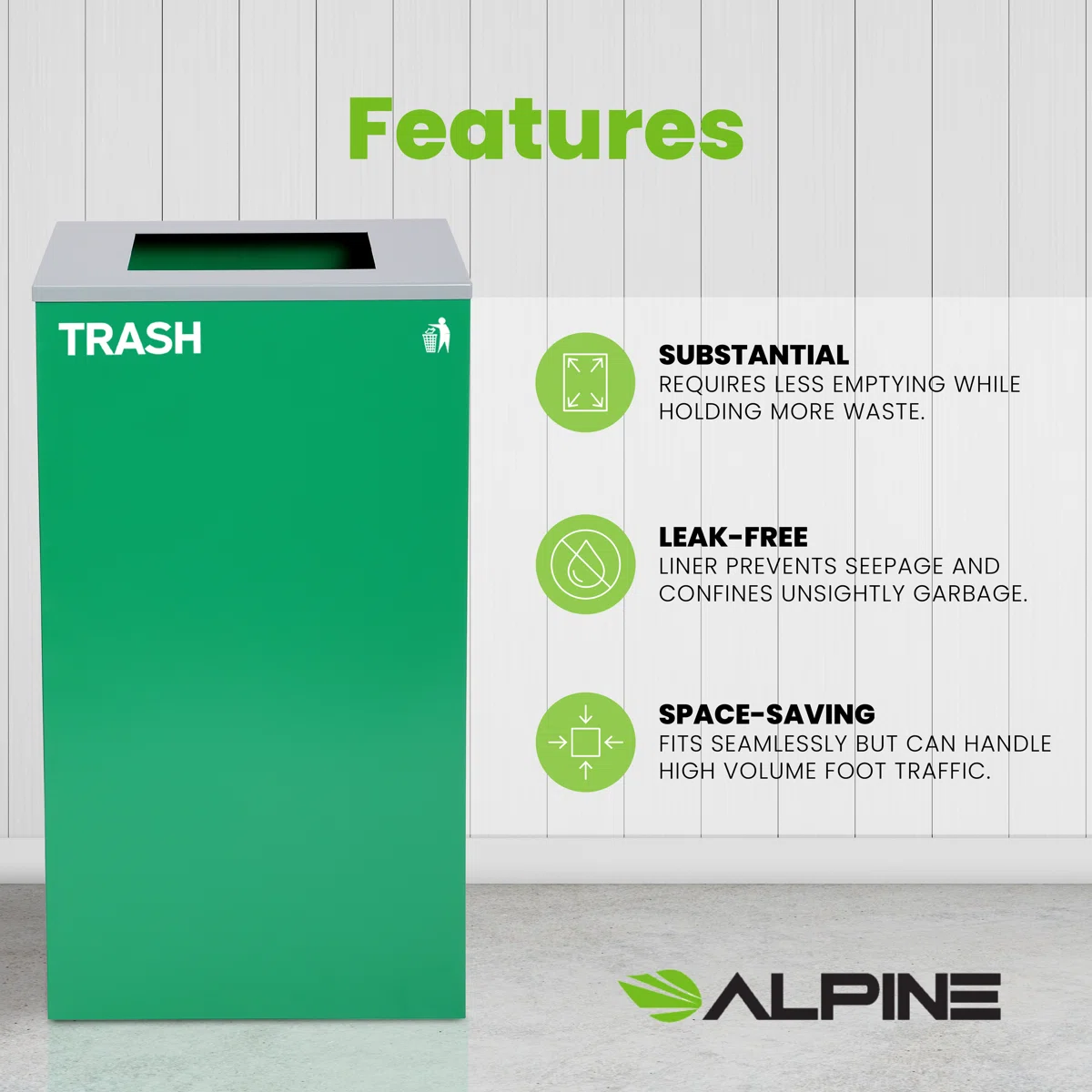 Square Recycling Bin – 29 Gallons - Green Can, Square Opening Lid, for Trash