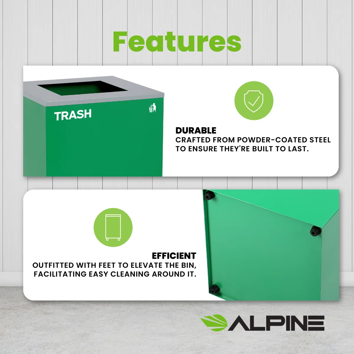 Square Recycling Bin – 29 Gallons - Green Can, Square Opening Lid, for Trash