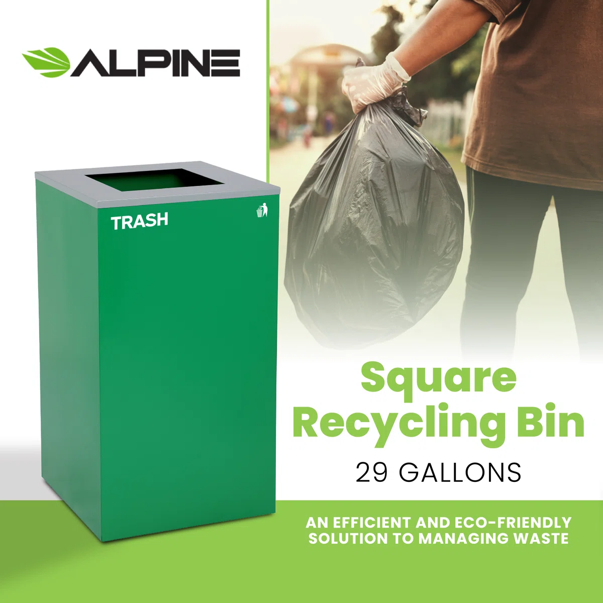 Square Recycling Bin – 29 Gallons - Green Can, Square Opening Lid, for Trash