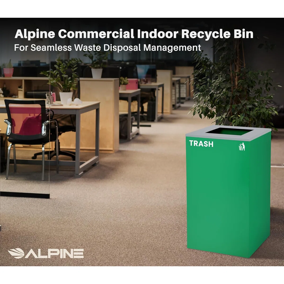 Square Recycling Bin – 29 Gallons - Green Can, Square Opening Lid, for Trash