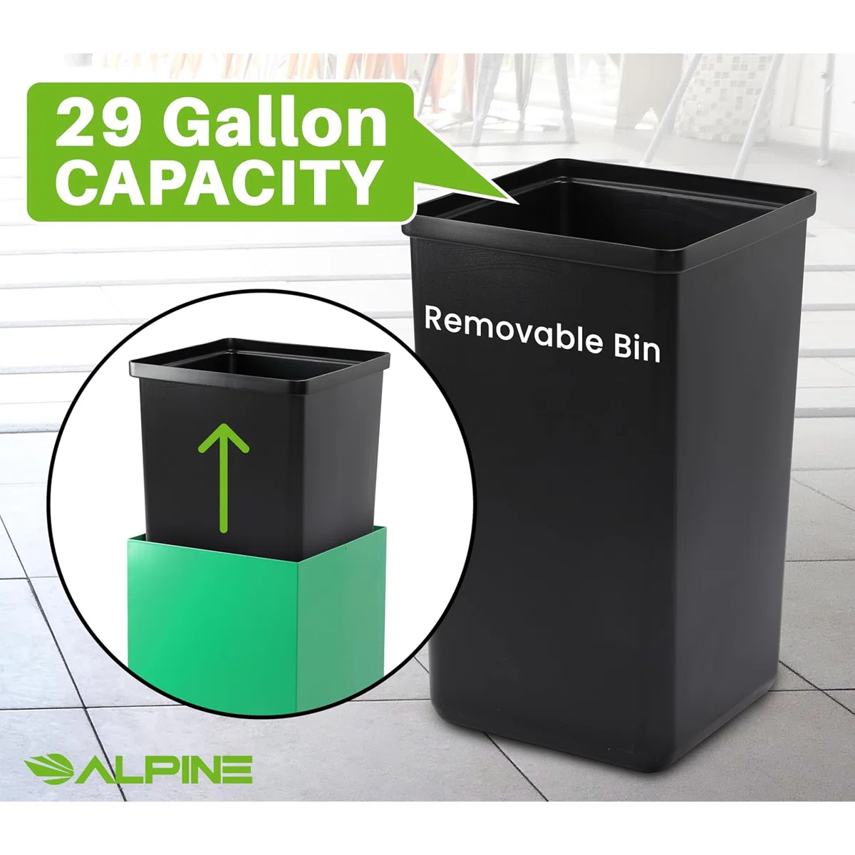 Square Recycling Bin – 29 Gallons - Green Can, Square Opening Lid, for Trash