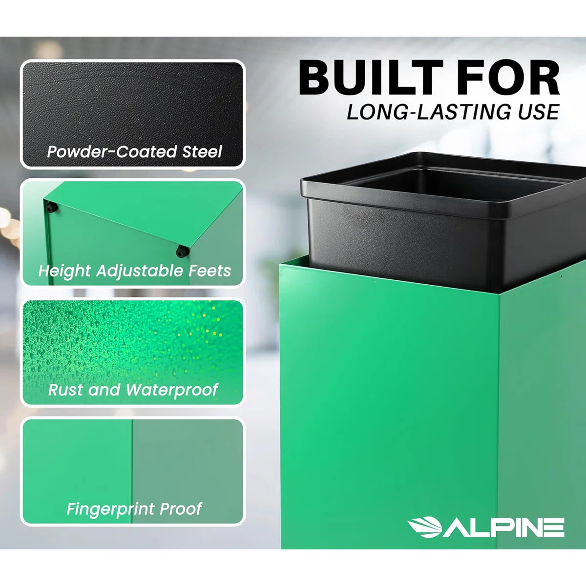 Square Recycling Bin – 29 Gallons - Green Can, Square Opening Lid, for Trash