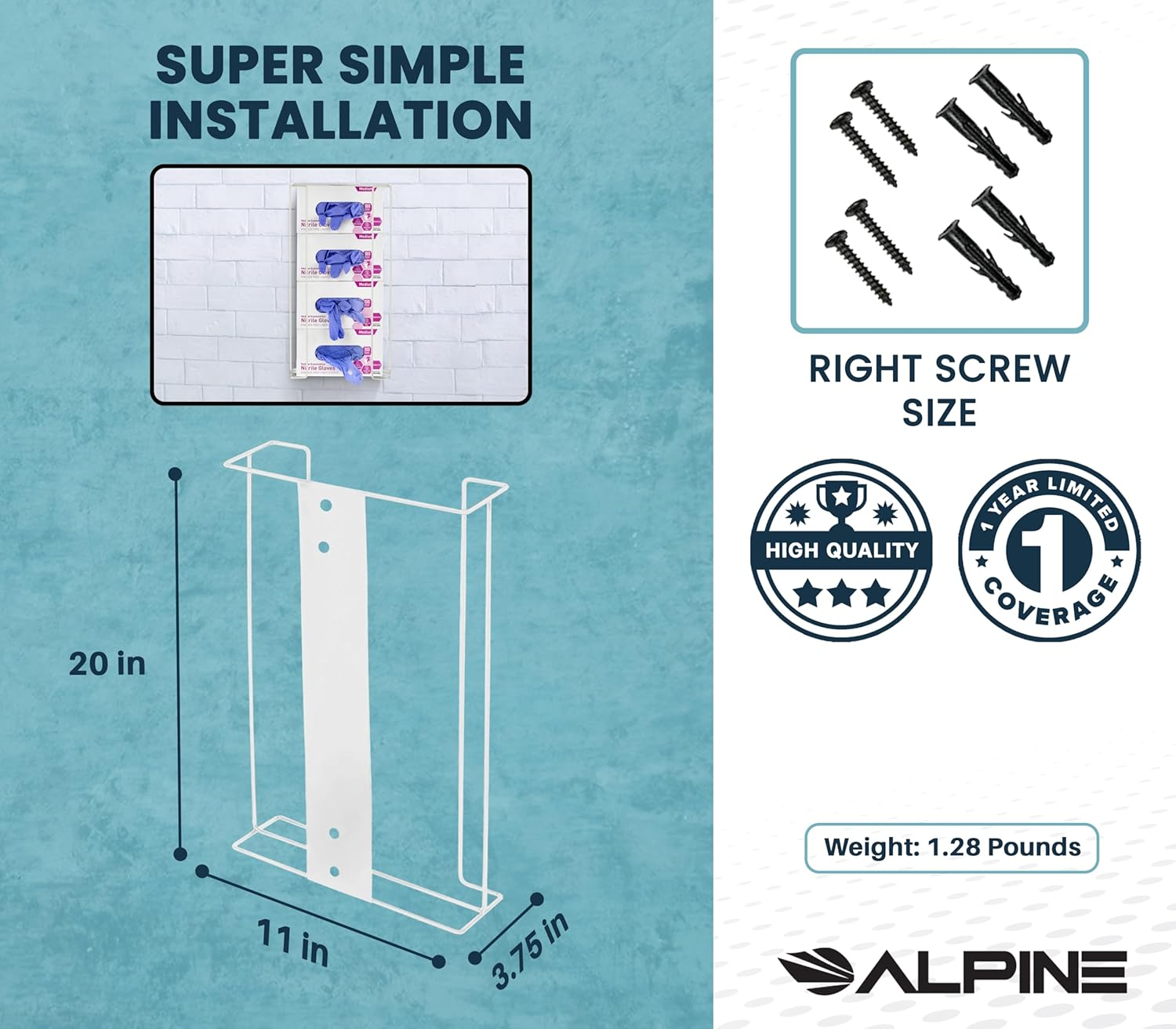 Alpine Industries Quadruple Box Wire Wall Mount Glove Dispenser, White