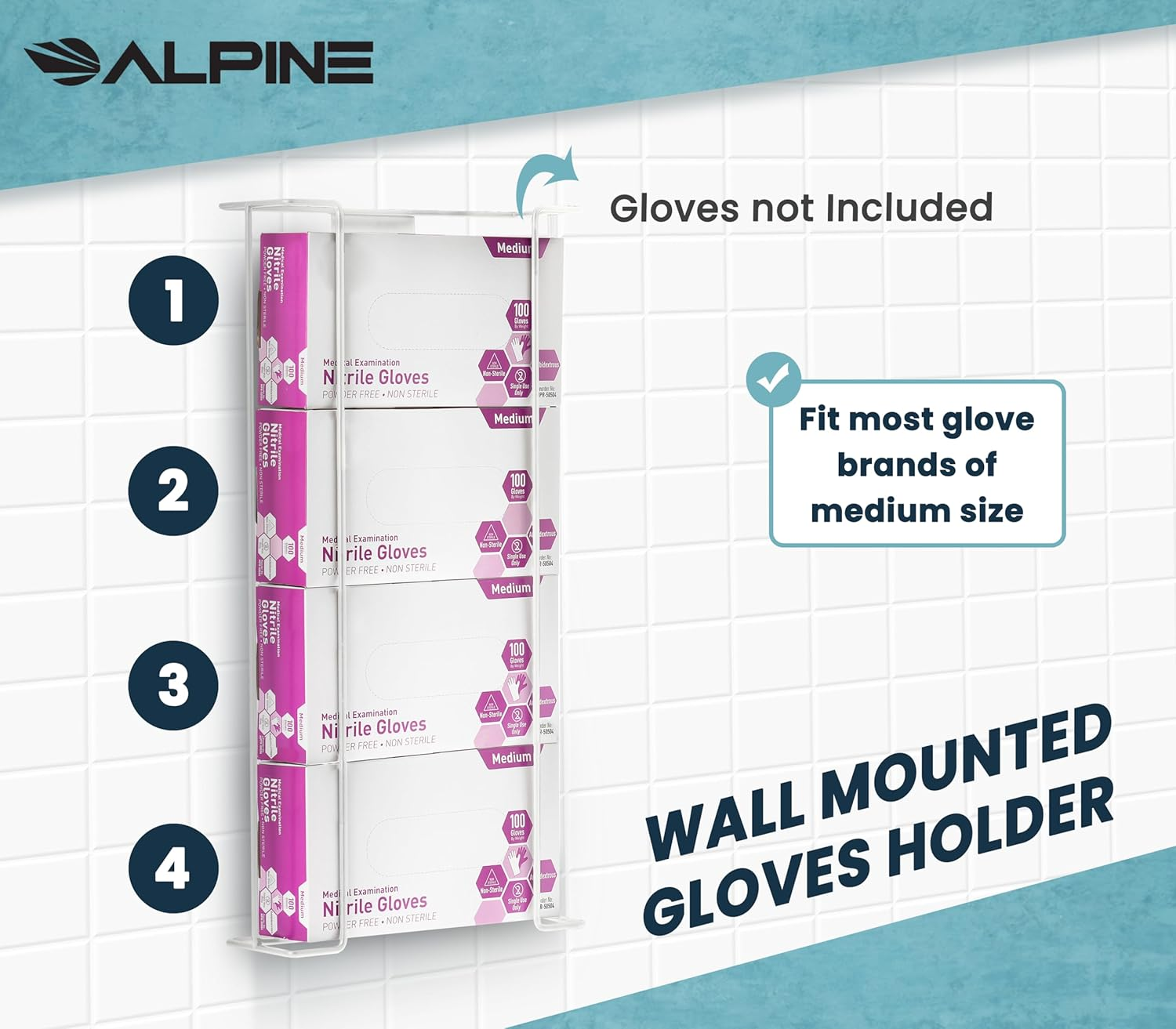 Alpine Industries Quadruple Box Wire Wall Mount Glove Dispenser, White