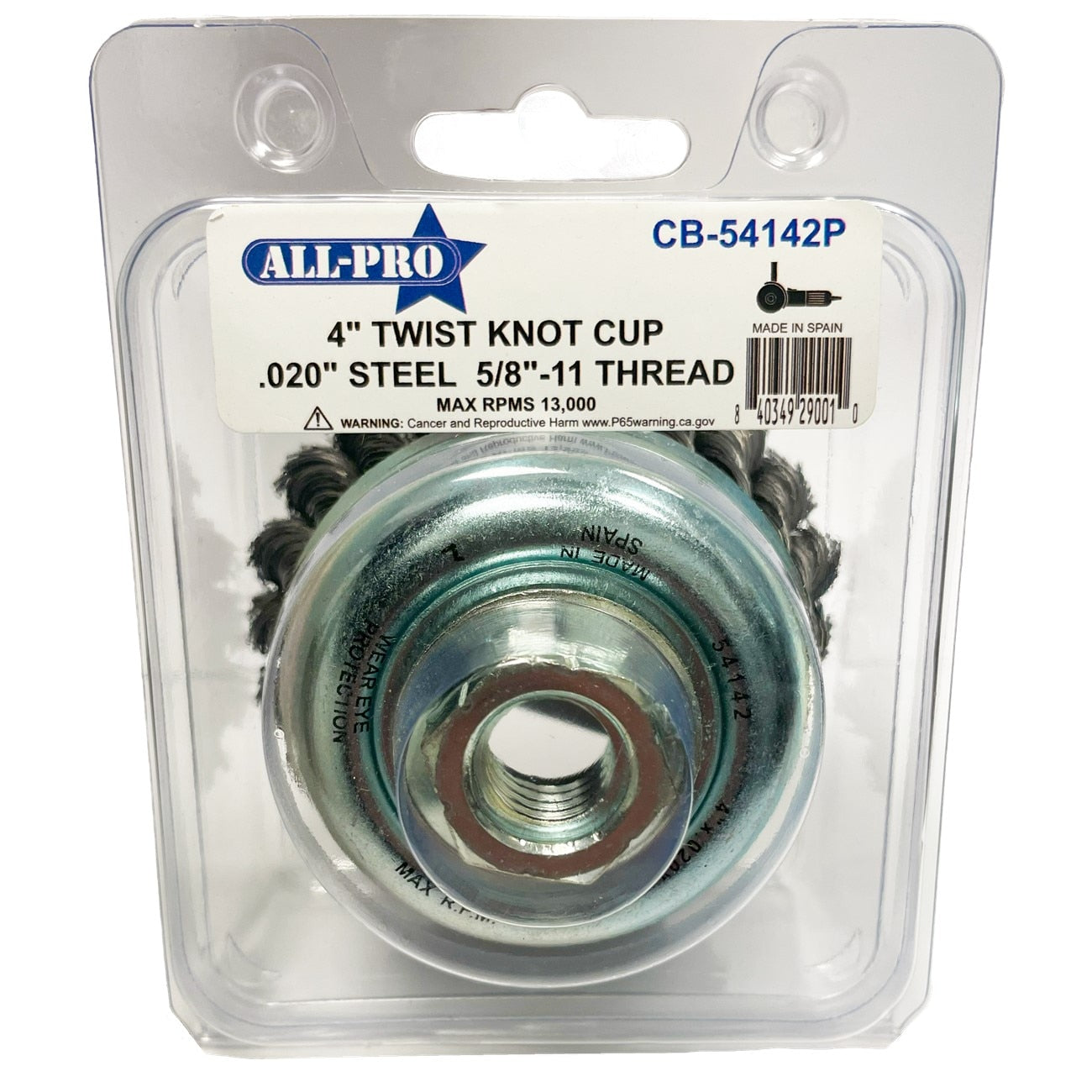 All-Pro Cup Brush, Twist Knot, 4", .020” Steel, Clamshell, 6/CS