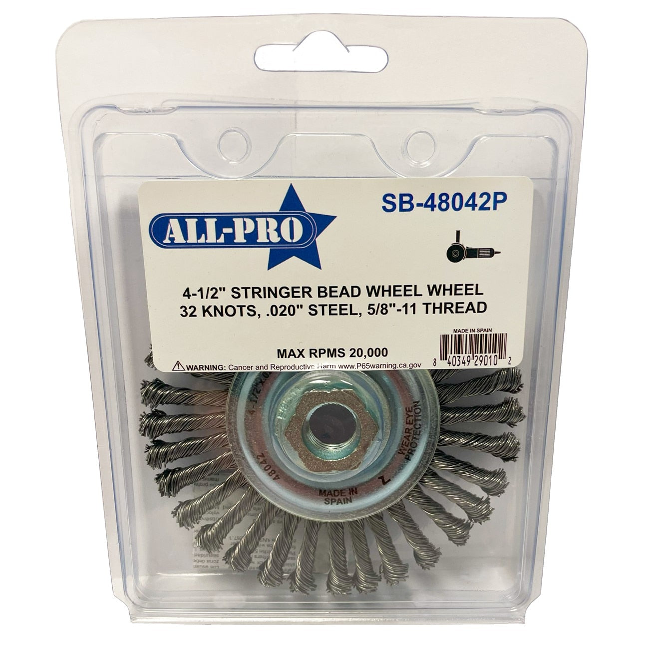 All-Pro Stringer Bead Wheel, 4.5", 32Knot, .020” Steel, Clamshell, 12/CS