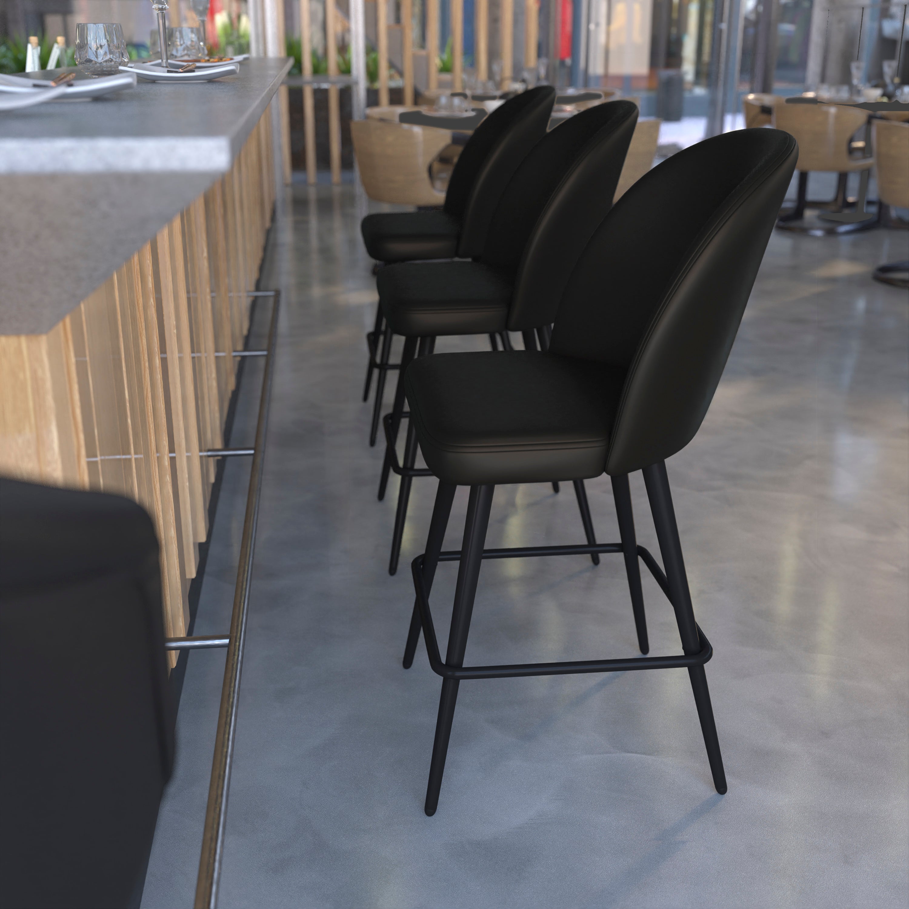 Lyla Set of 2 Commercial High Back Modern Armless 26" Counter Stools with Contoured Backrests, Steel Frames and Footrests, Black LeatherSoft-Set of 2