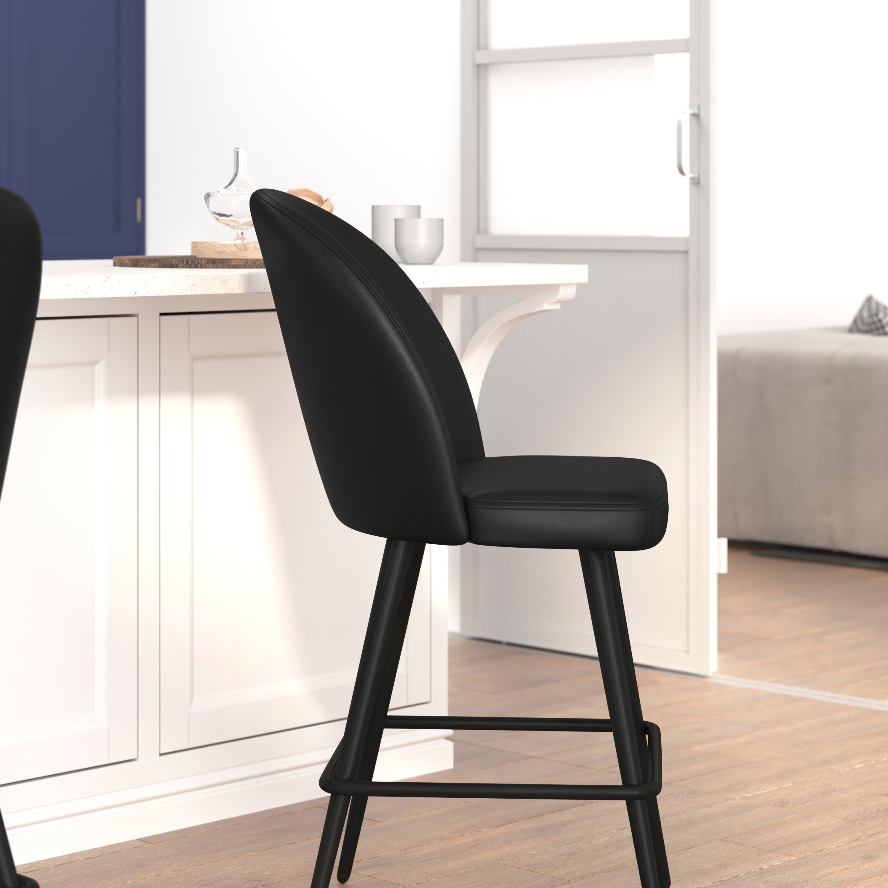 Lyla Set of 2 Commercial High Back Modern Armless 26" Counter Stools with Contoured Backrests, Steel Frames and Footrests, Black LeatherSoft-Set of 2