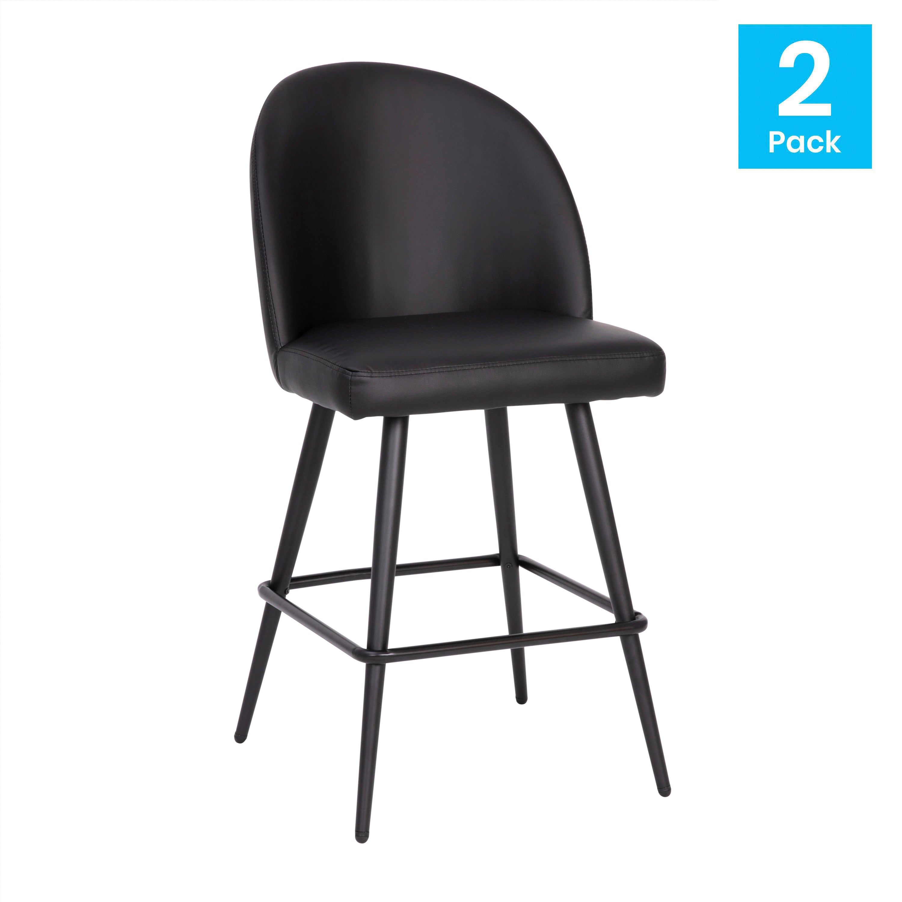 Lyla Set of 2 Commercial High Back Modern Armless 26" Counter Stools with Contoured Backrests, Steel Frames and Footrests, Black LeatherSoft-Set of 2