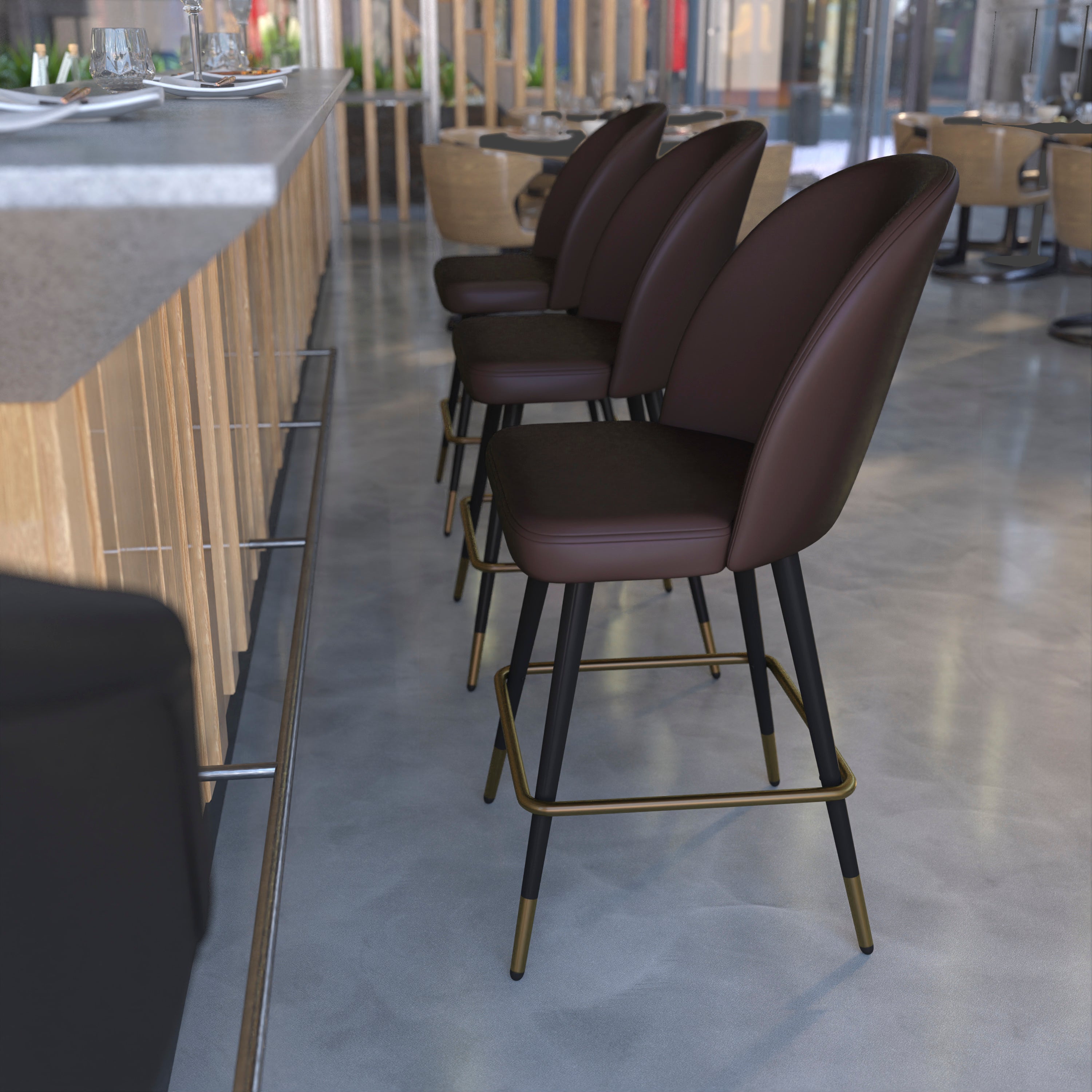 Lyla Set of 2 Commercial High Back Modern Armless 26" Counter Stools with Contoured Backrests, Steel Frames and Footrests, Brown LeatherSoft-Set of 2