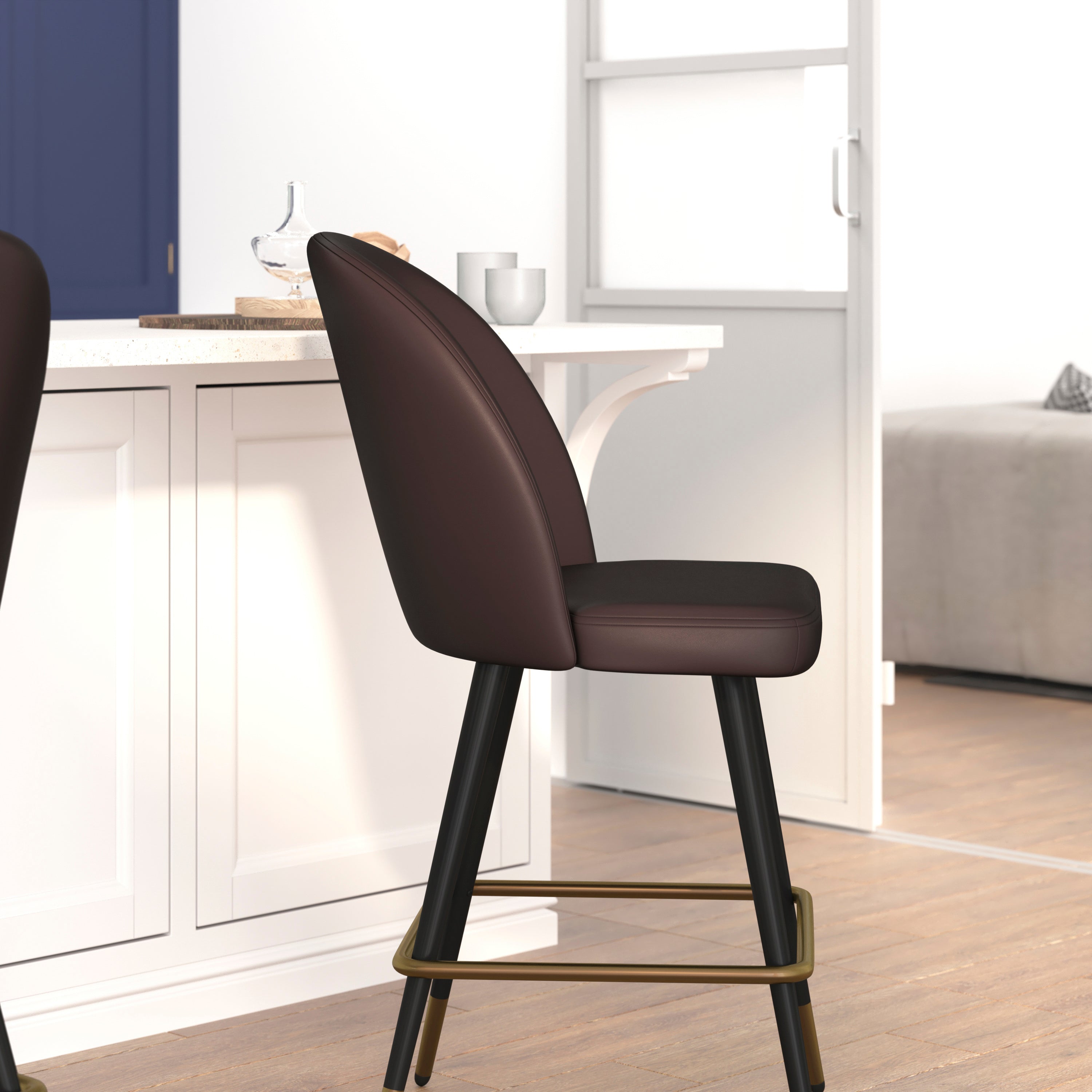 Lyla Set of 2 Commercial High Back Modern Armless 26" Counter Stools with Contoured Backrests, Steel Frames and Footrests, Brown LeatherSoft-Set of 2