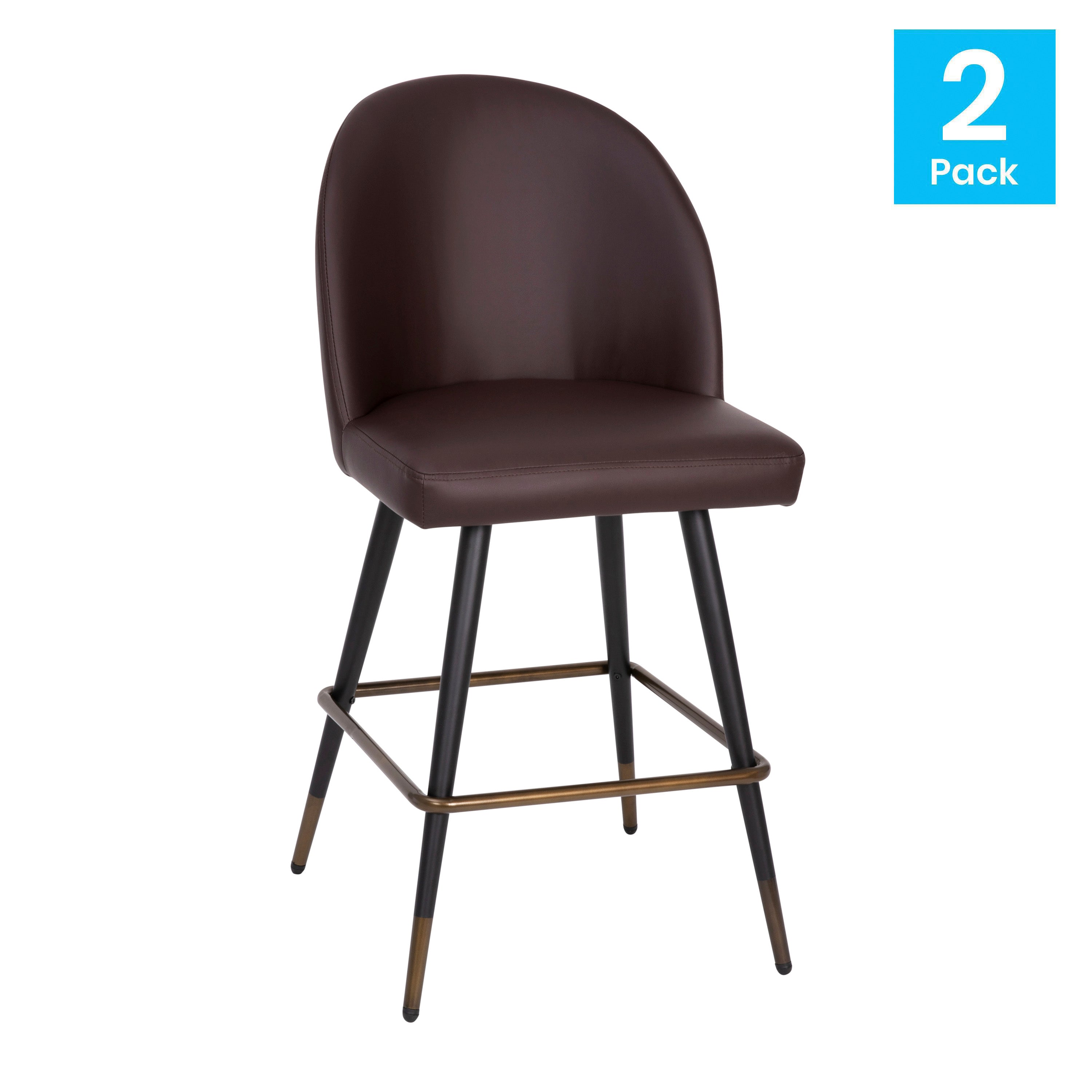 Lyla Set of 2 Commercial High Back Modern Armless 26" Counter Stools with Contoured Backrests, Steel Frames and Footrests, Brown LeatherSoft-Set of 2