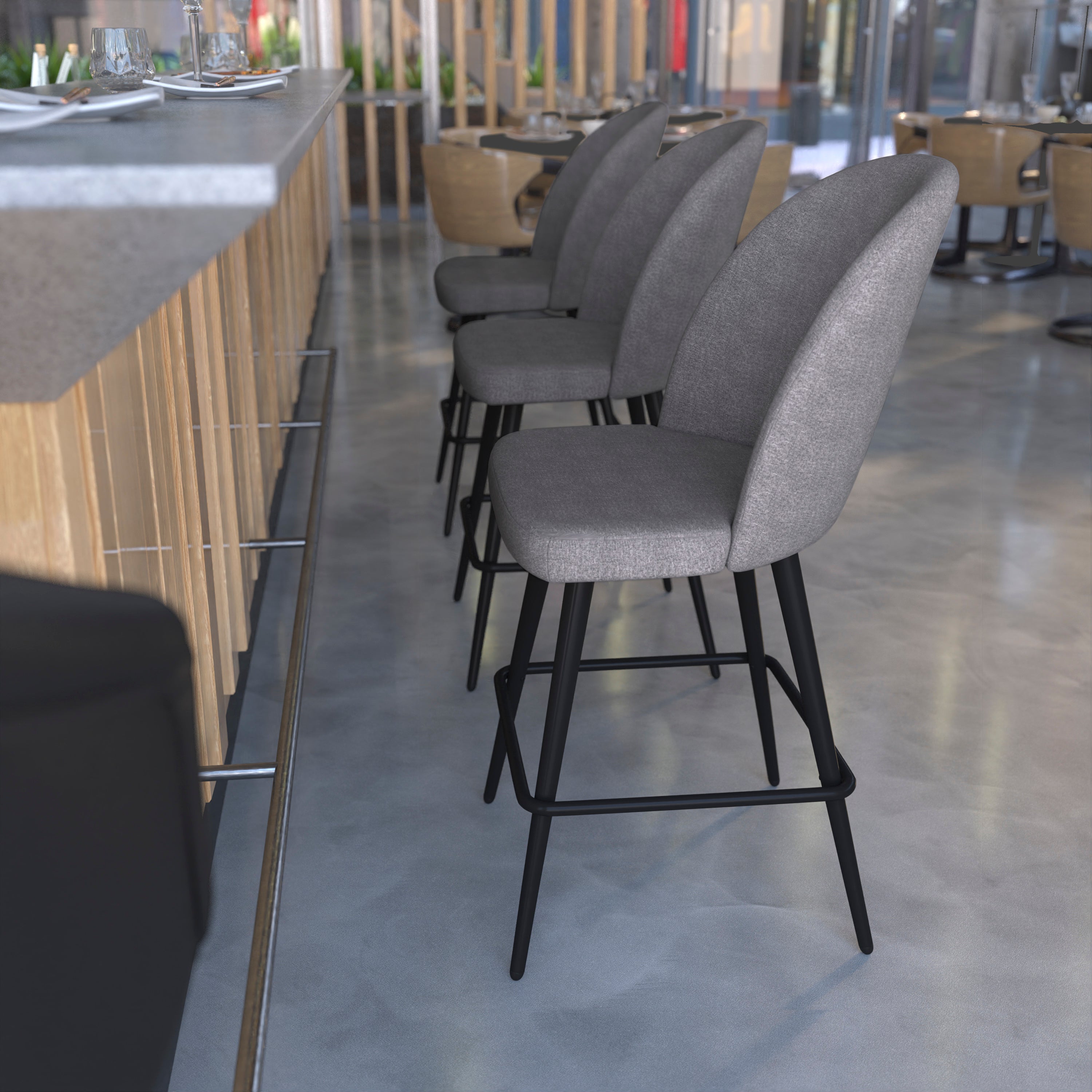 Lyla Set of 2 Commercial High Back Modern Armless 26" Counter Stools with Contoured Backrests, Steel Frames and Footrests, Gray Faux Linen-Set of 2