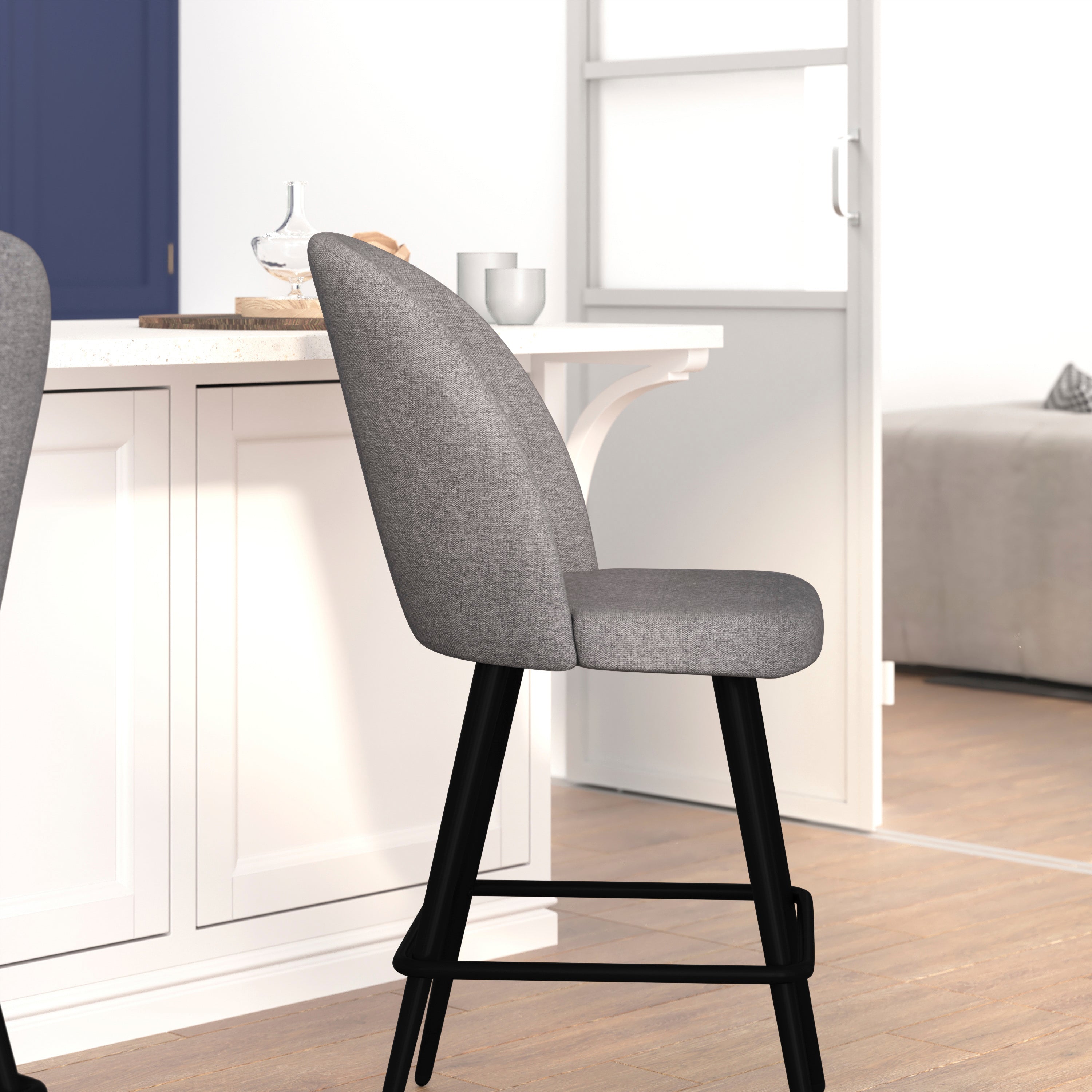 Lyla Set of 2 Commercial High Back Modern Armless 26" Counter Stools with Contoured Backrests, Steel Frames and Footrests, Gray Faux Linen-Set of 2