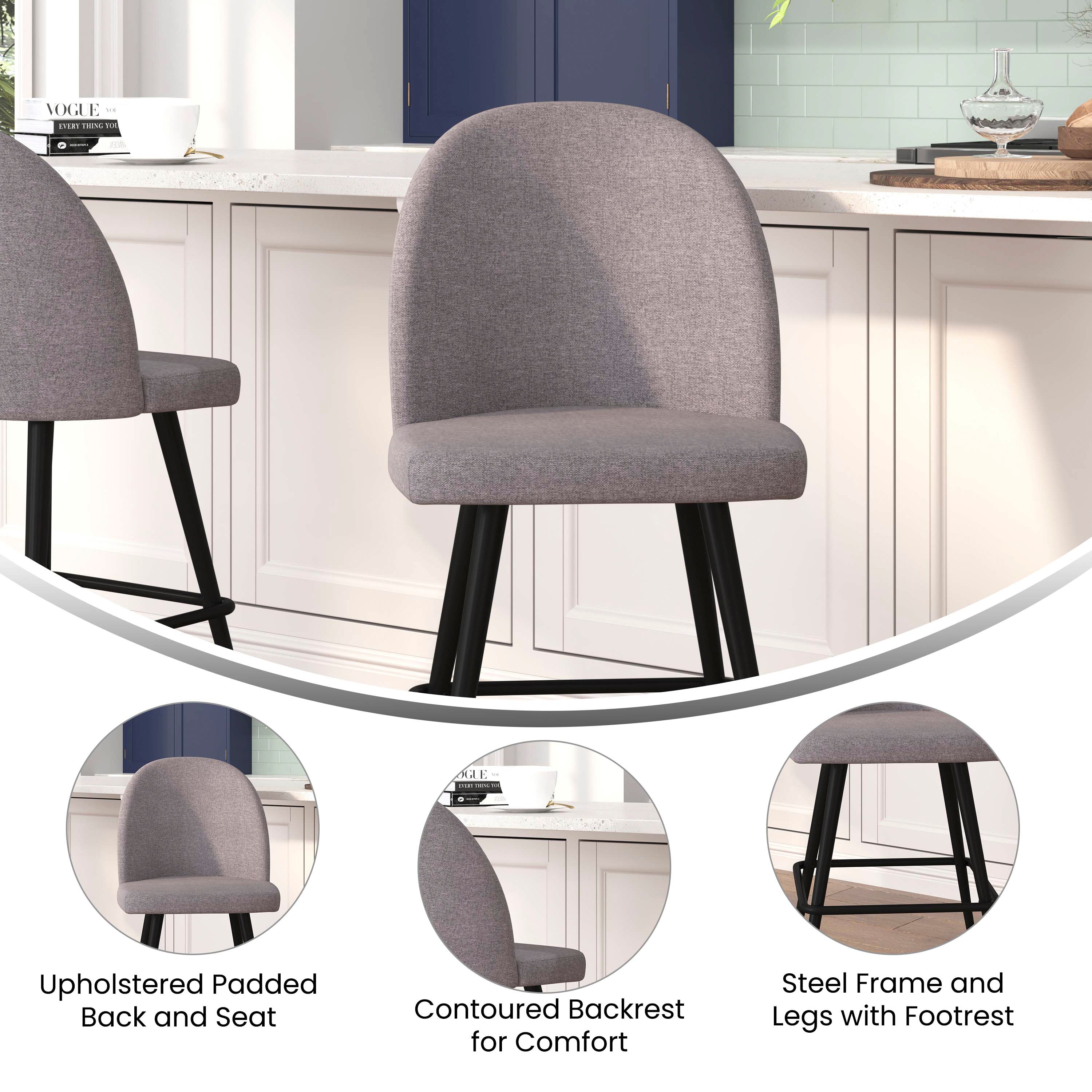 Lyla Set of 2 Commercial High Back Modern Armless 26" Counter Stools with Contoured Backrests, Steel Frames and Footrests, Gray Faux Linen-Set of 2