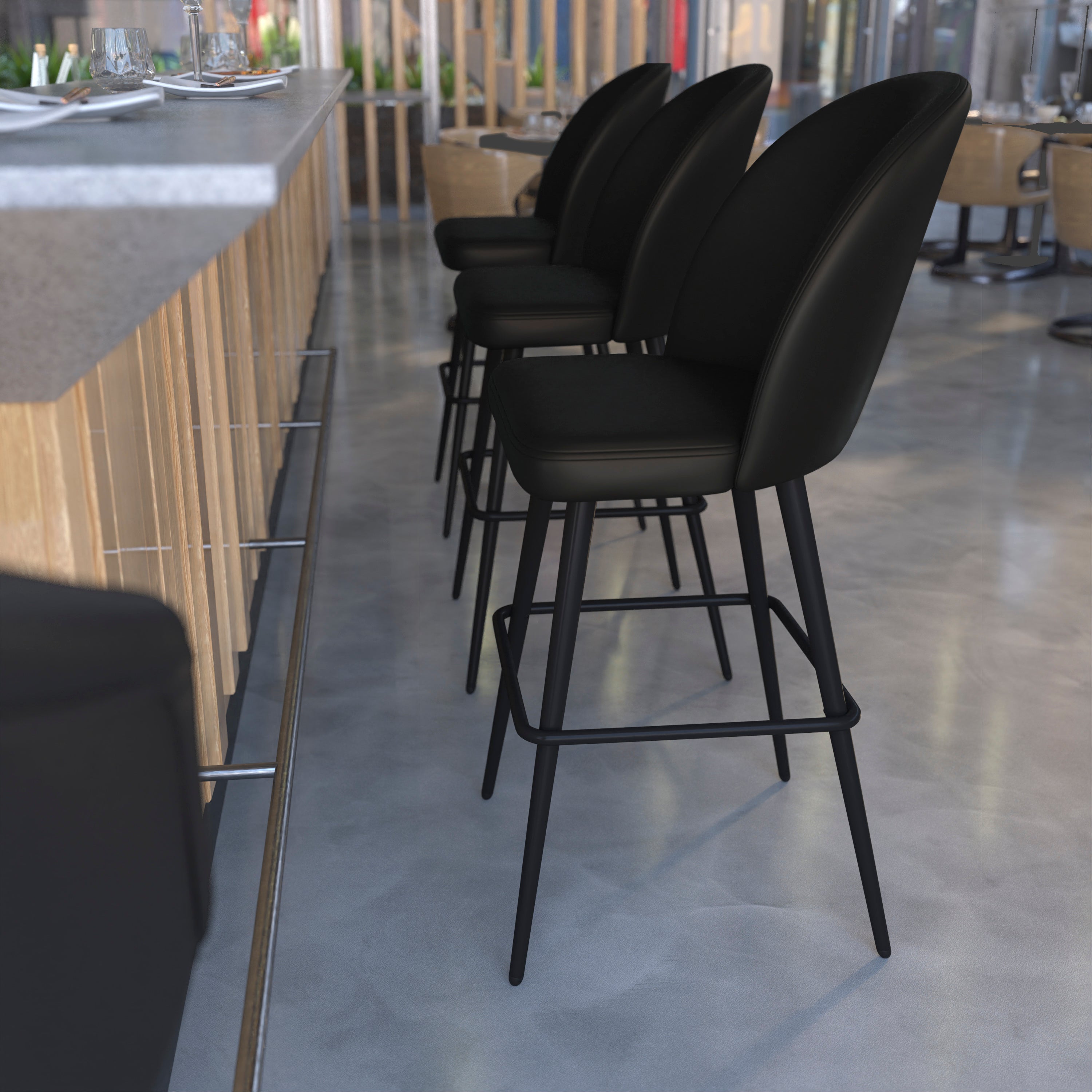Lyla 30" Commercial Grade High Back Modern Armless Barstools with Contoured Backrest, Steel Frame and Integrated Footrest, Black LeatherSoft-Set of 2