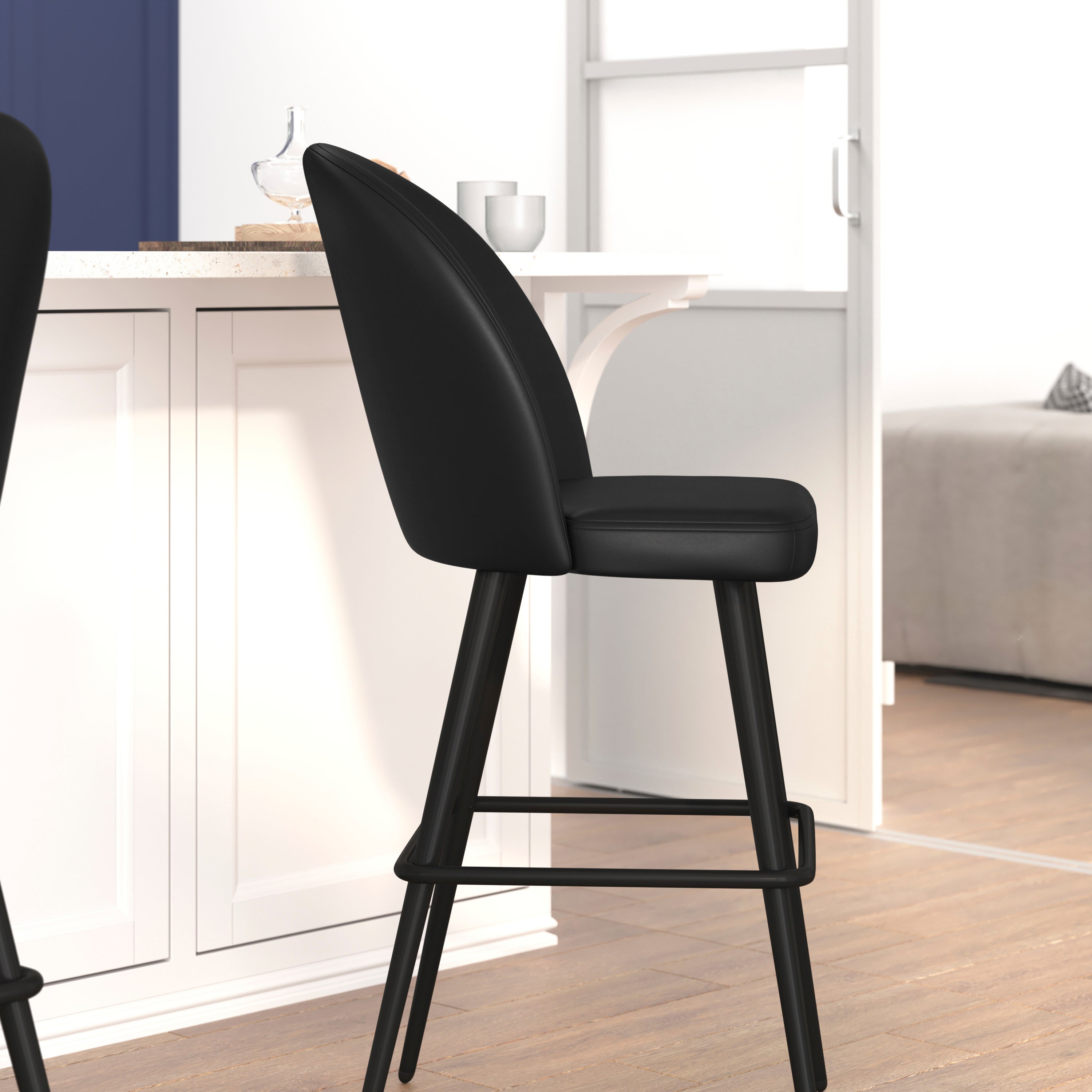 Lyla 30" Commercial Grade High Back Modern Armless Barstools with Contoured Backrest, Steel Frame and Integrated Footrest, Black LeatherSoft-Set of 2