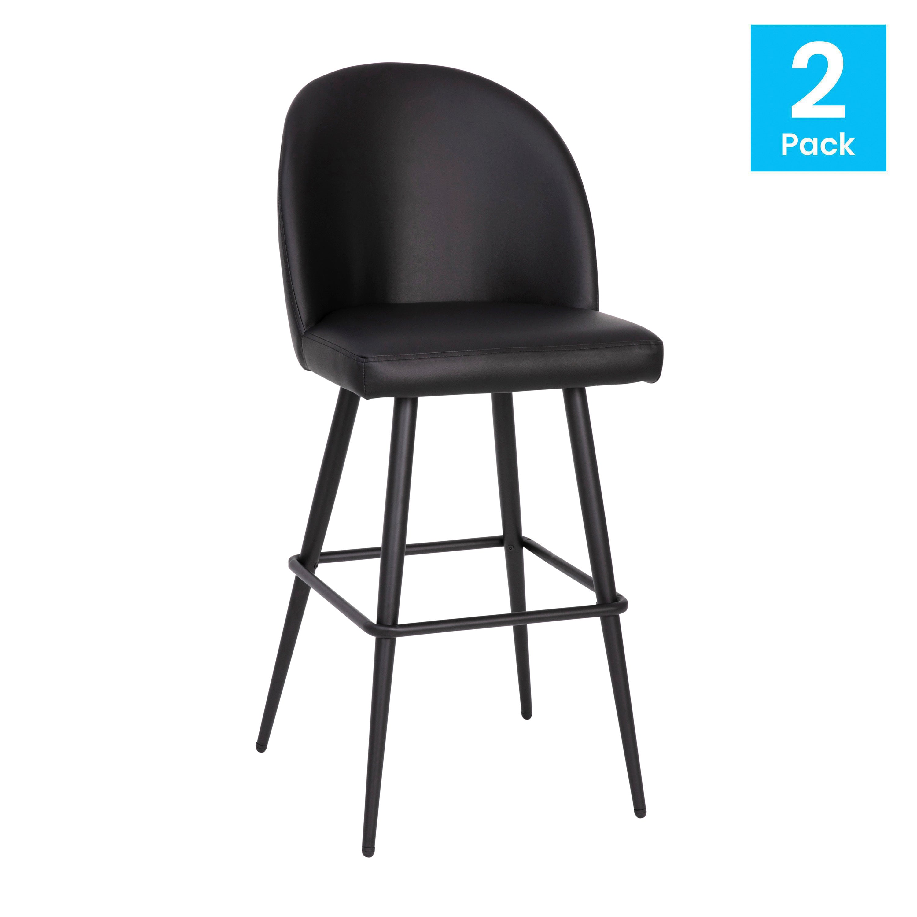 Lyla 30" Commercial Grade High Back Modern Armless Barstools with Contoured Backrest, Steel Frame and Integrated Footrest, Black LeatherSoft-Set of 2