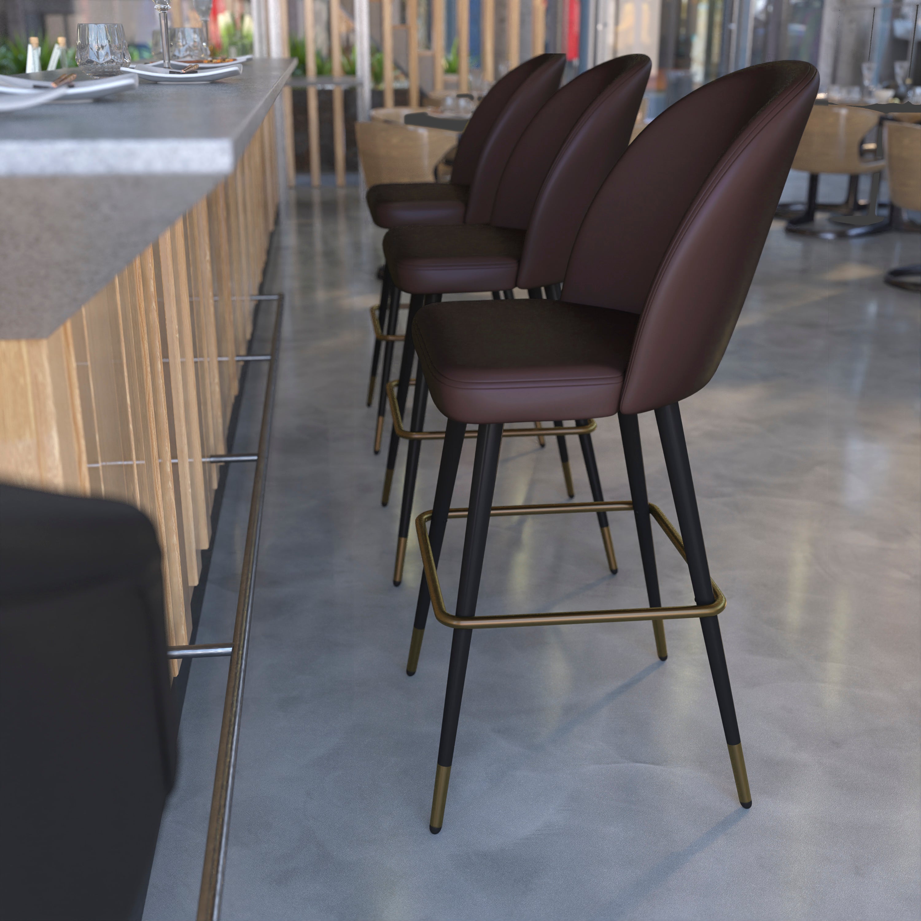 Lyla 30" Commercial Grade High Back Modern Armless Barstools with Contoured Backrest, Steel Frame and Integrated Footrest, Brown LeatherSoft-Set of 2