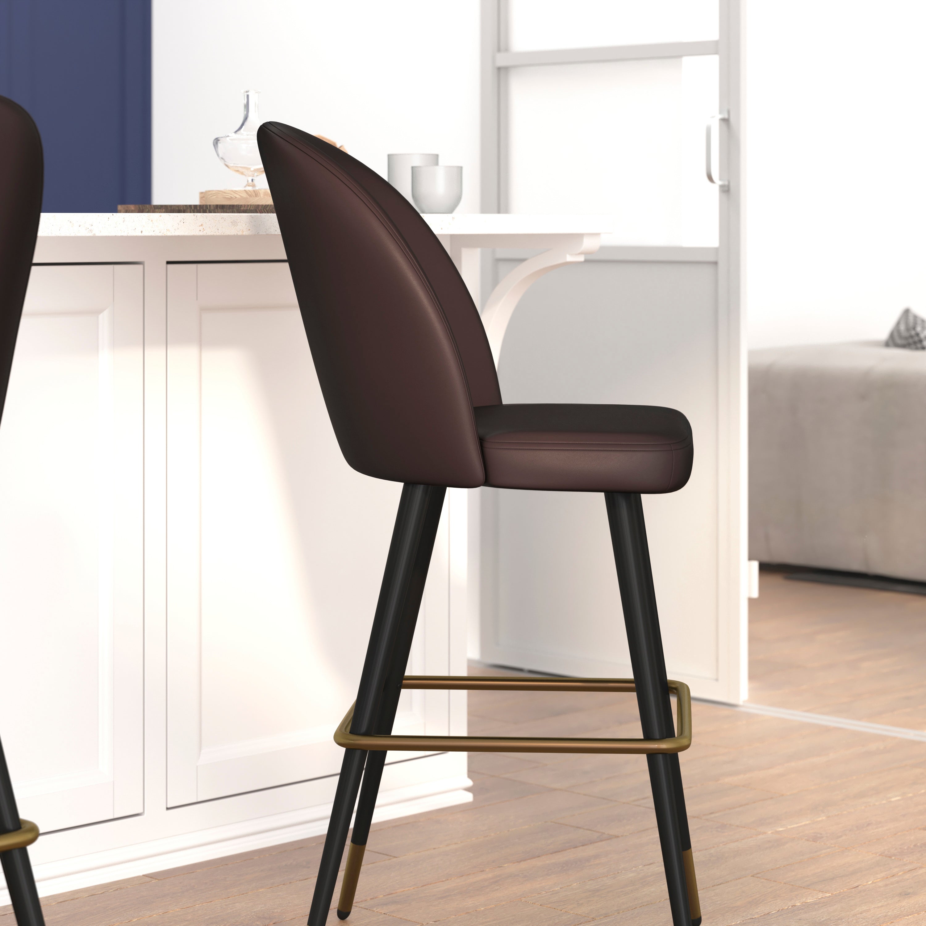 Lyla 30" Commercial Grade High Back Modern Armless Barstools with Contoured Backrest, Steel Frame and Integrated Footrest, Brown LeatherSoft-Set of 2