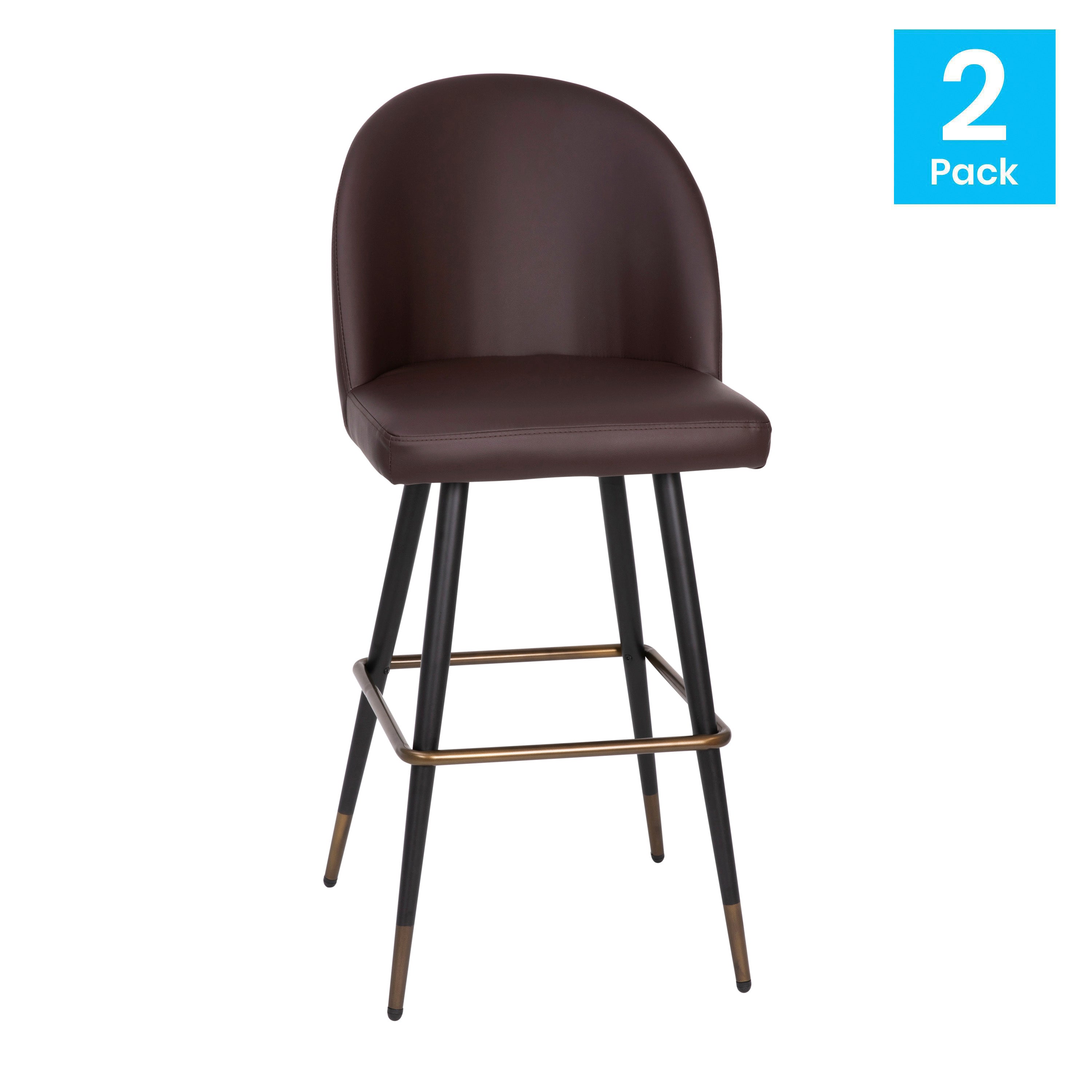 Lyla 30" Commercial Grade High Back Modern Armless Barstools with Contoured Backrest, Steel Frame and Integrated Footrest, Brown LeatherSoft-Set of 2