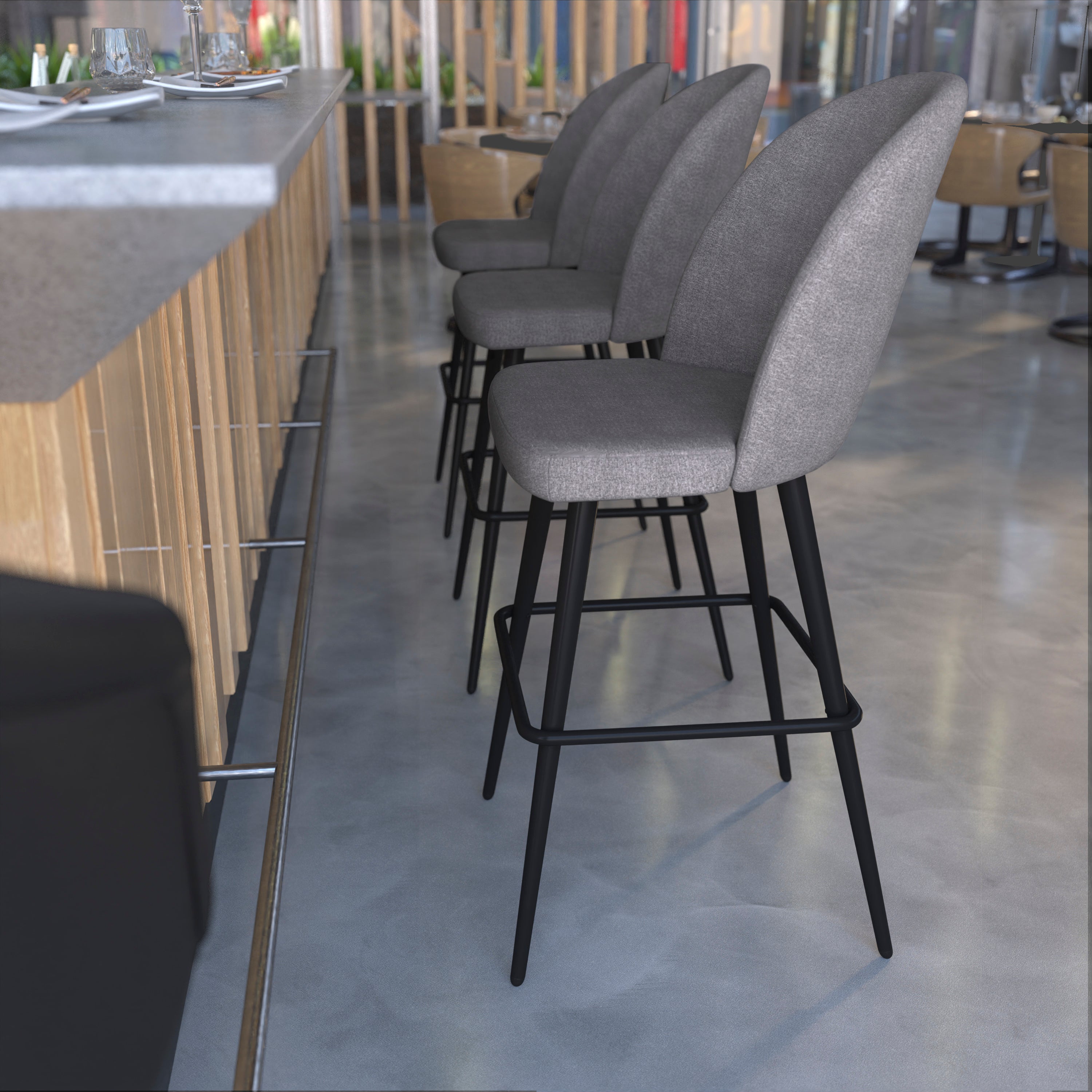 Lyla 30" Commercial Grade High Back Modern Armless Barstools with Contoured Backrest, Steel Frame and Integrated Footrest, Gray Faux Linen-Set of 2