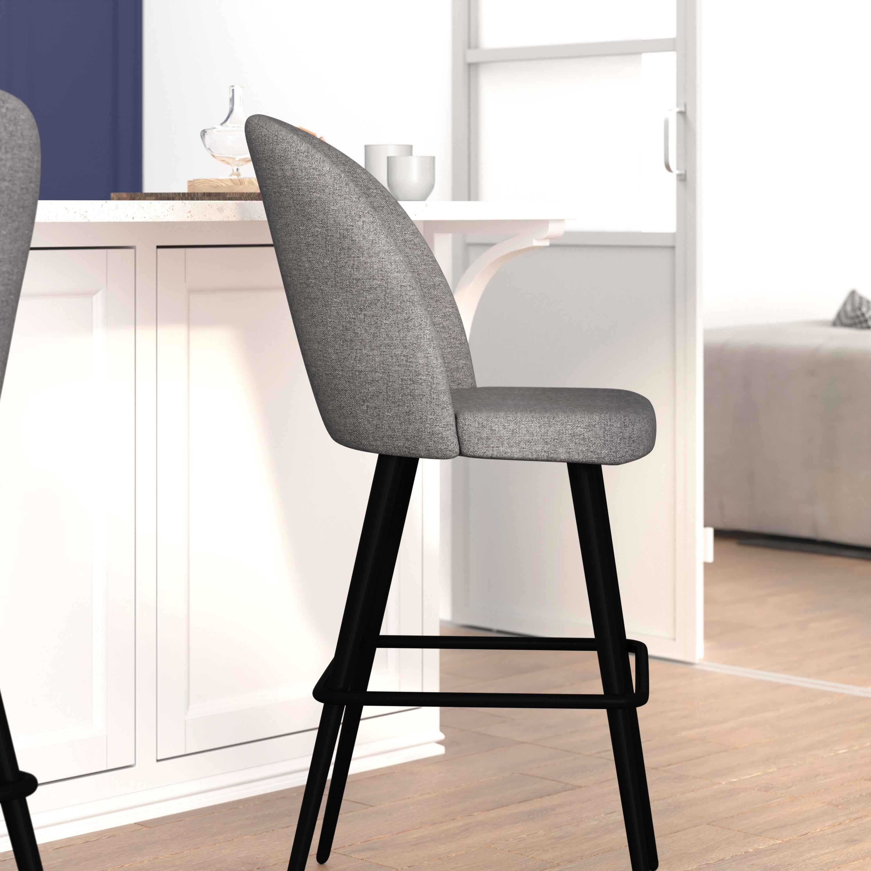 Lyla 30" Commercial Grade High Back Modern Armless Barstools with Contoured Backrest, Steel Frame and Integrated Footrest, Gray Faux Linen-Set of 2