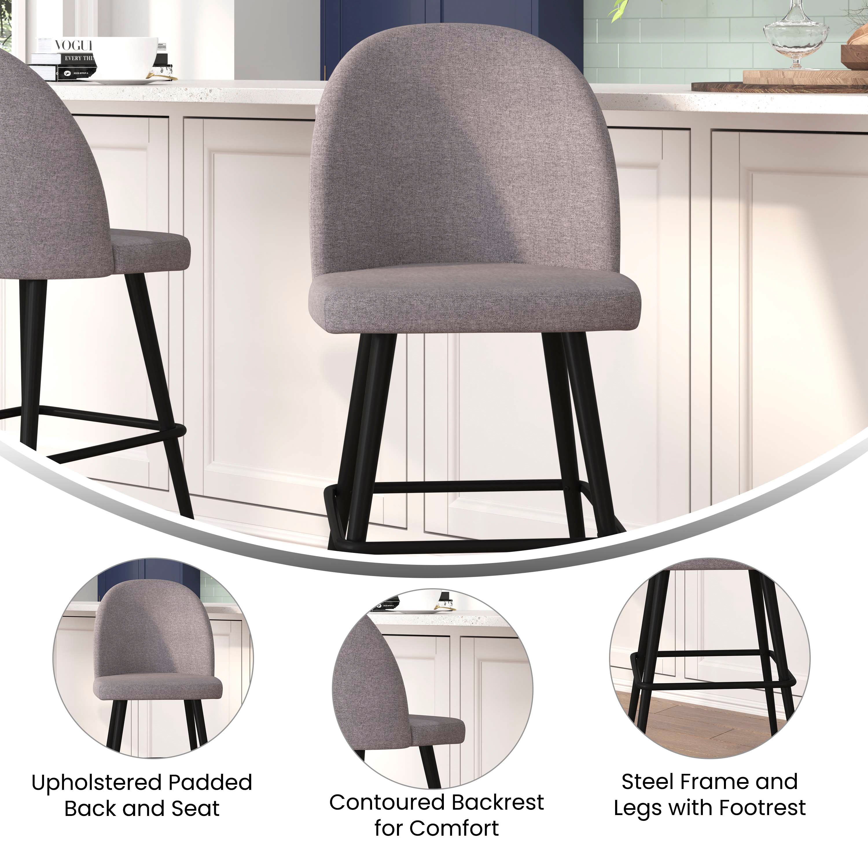 Lyla 30" Commercial Grade High Back Modern Armless Barstools with Contoured Backrest, Steel Frame and Integrated Footrest, Gray Faux Linen-Set of 2