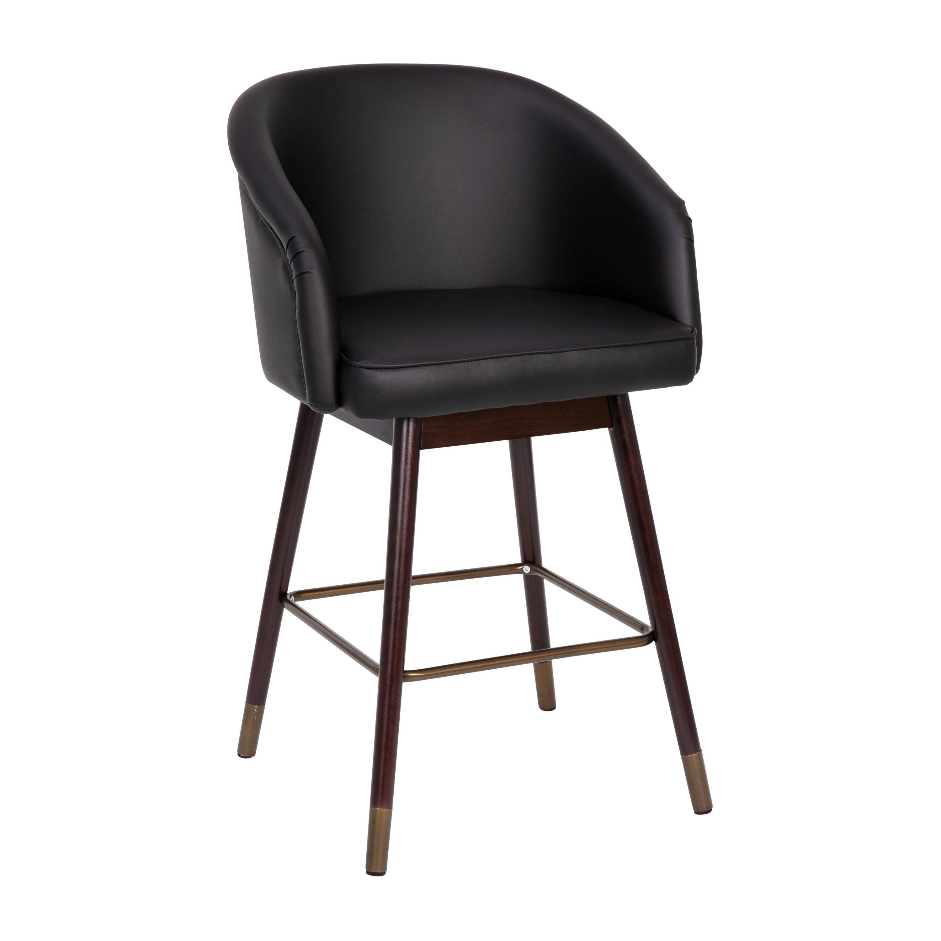 Margo 26" Commercial Grade Mid-Back Modern Counter Stool with Walnut Finish Beechwood Legs and Contoured Back, Black LeatherSoft/Bronze Accents