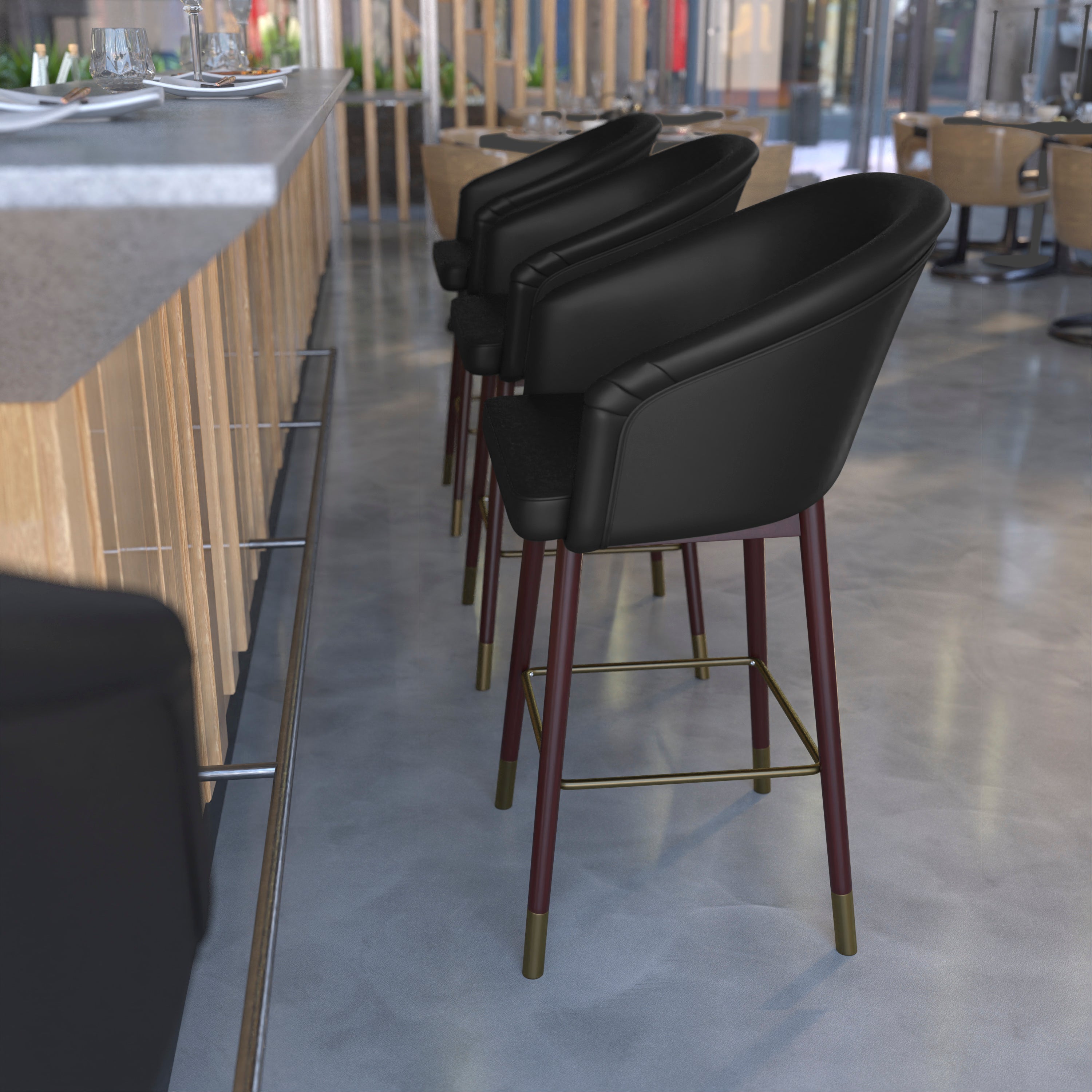 Margo 26" Commercial Grade Mid-Back Modern Counter Stool with Walnut Finish Beechwood Legs and Contoured Back, Black LeatherSoft/Bronze Accents