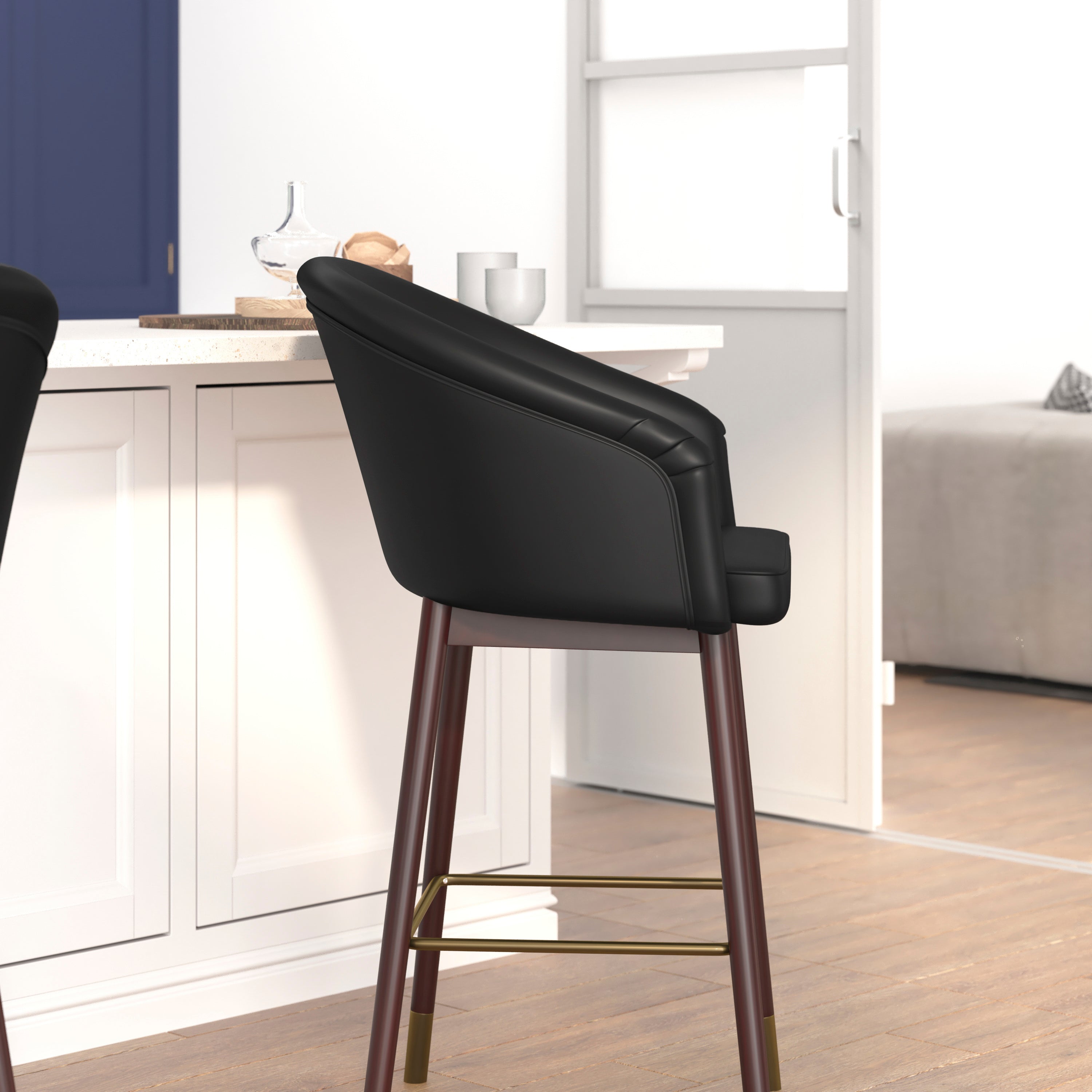 Margo 26" Commercial Grade Mid-Back Modern Counter Stool with Walnut Finish Beechwood Legs and Contoured Back, Black LeatherSoft/Bronze Accents