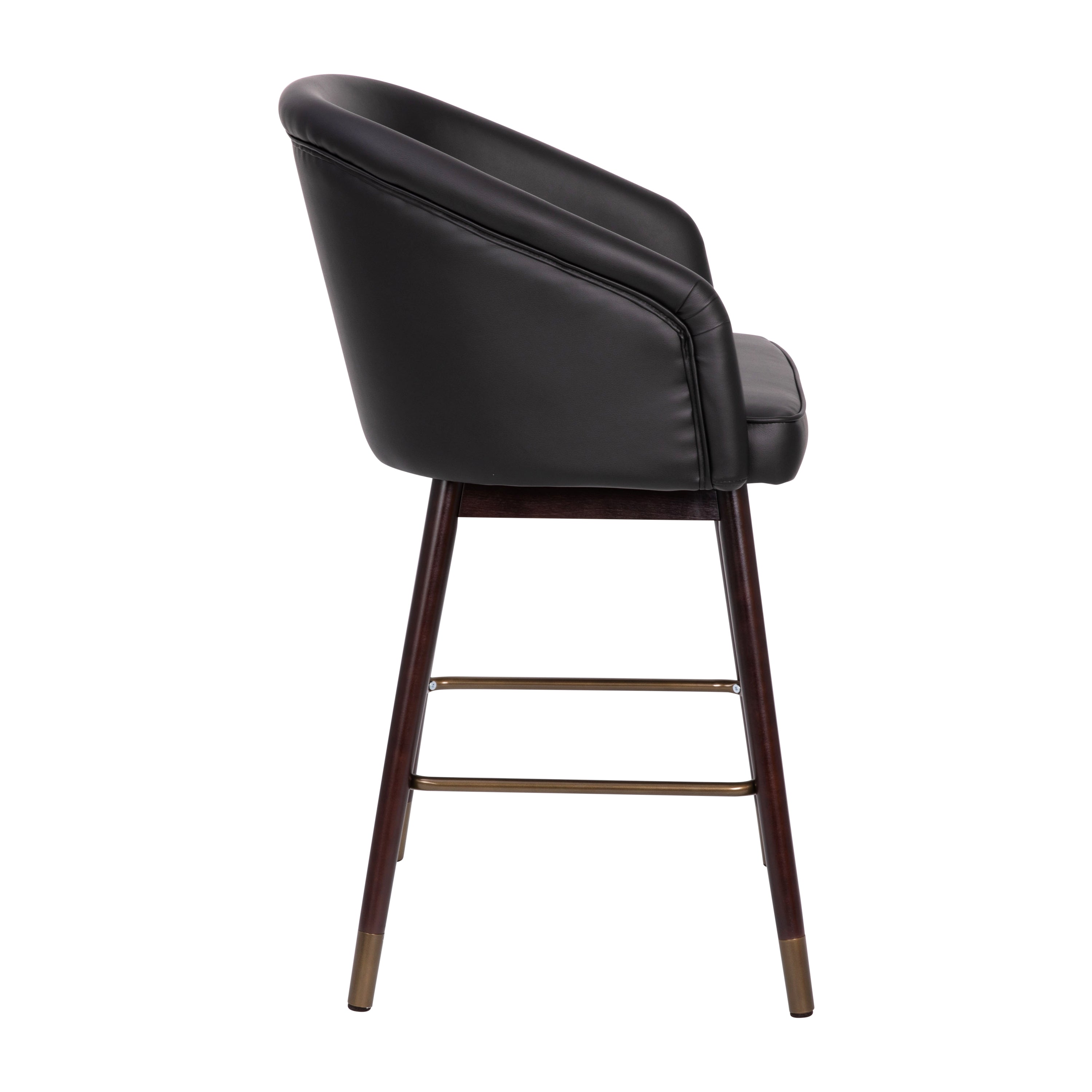 Margo 26" Commercial Grade Mid-Back Modern Counter Stool with Walnut Finish Beechwood Legs and Contoured Back, Black LeatherSoft/Bronze Accents
