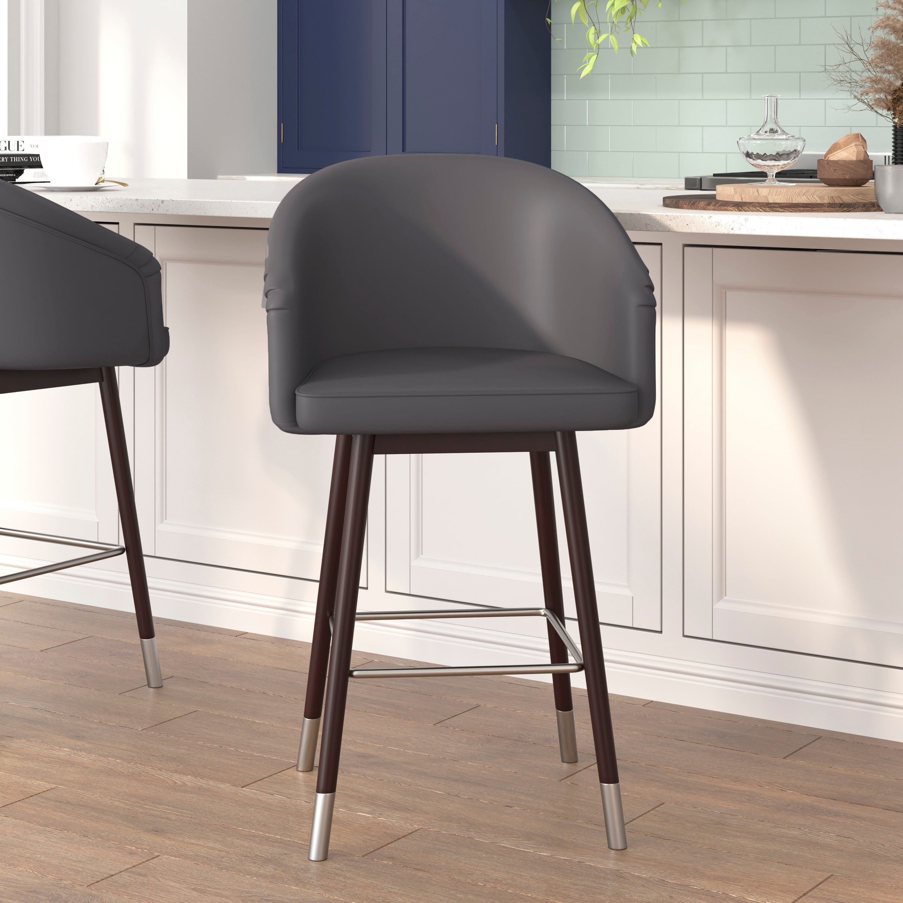 Margo 26" Commercial Grade Mid-Back Modern Counter Stool with Walnut Finish Beechwood Legs and Contoured Back, Gray LeatherSoft/Silver Accents