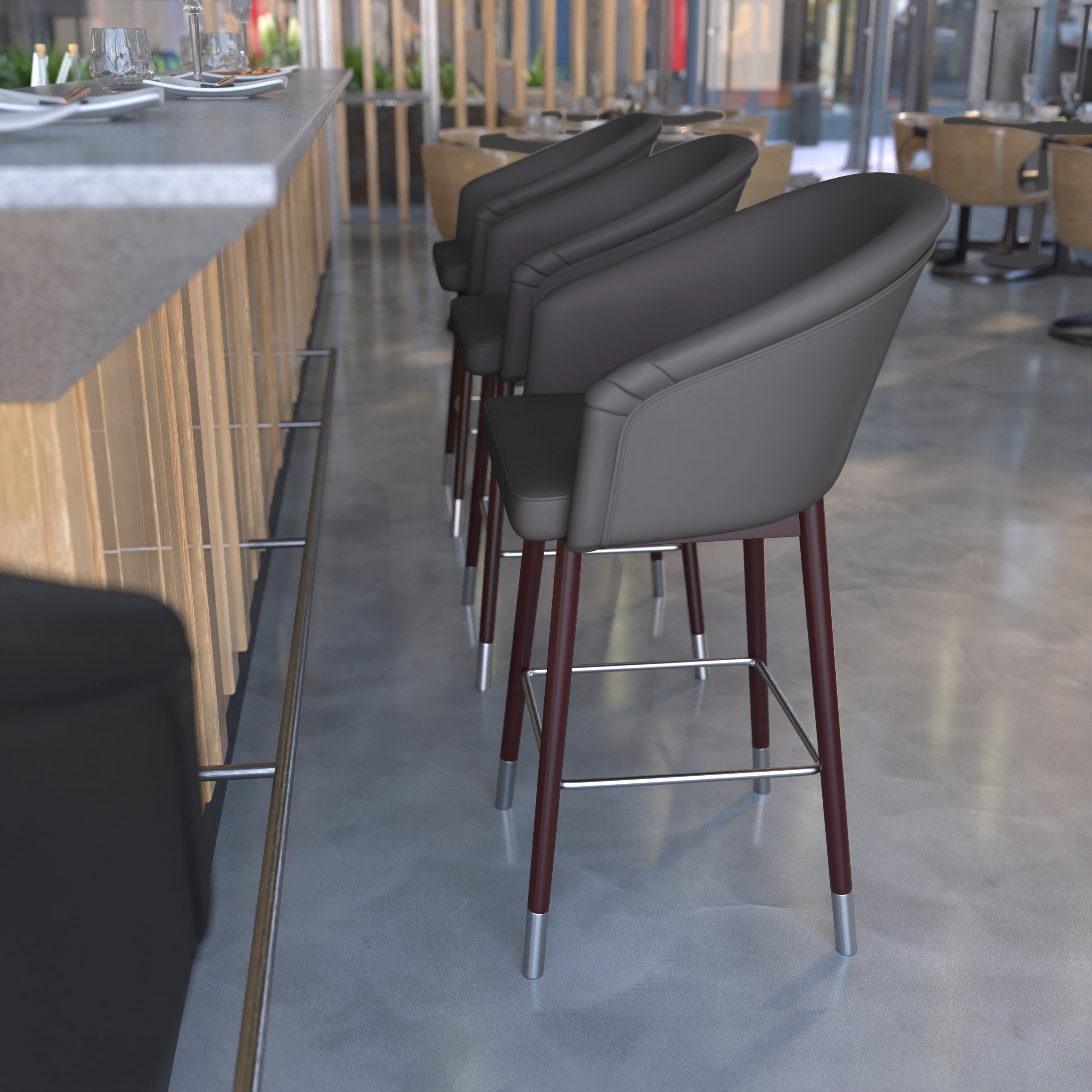 Margo 26" Commercial Grade Mid-Back Modern Counter Stool with Walnut Finish Beechwood Legs and Contoured Back, Gray LeatherSoft/Silver Accents