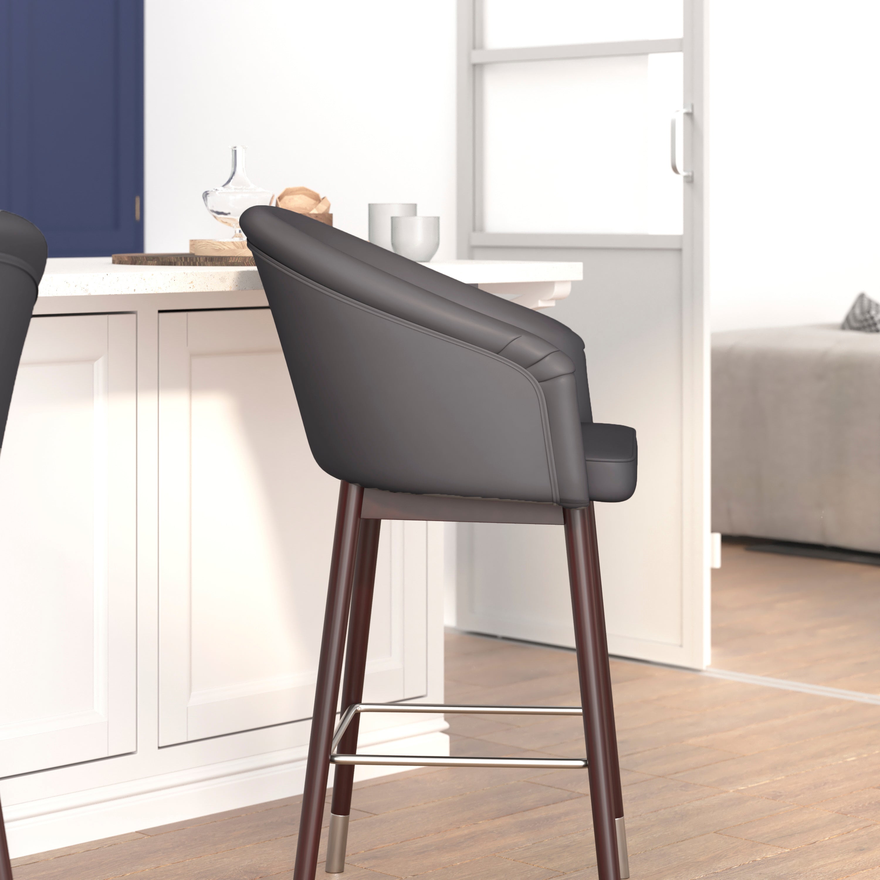 Margo 26" Commercial Grade Mid-Back Modern Counter Stool with Walnut Finish Beechwood Legs and Contoured Back, Gray LeatherSoft/Silver Accents