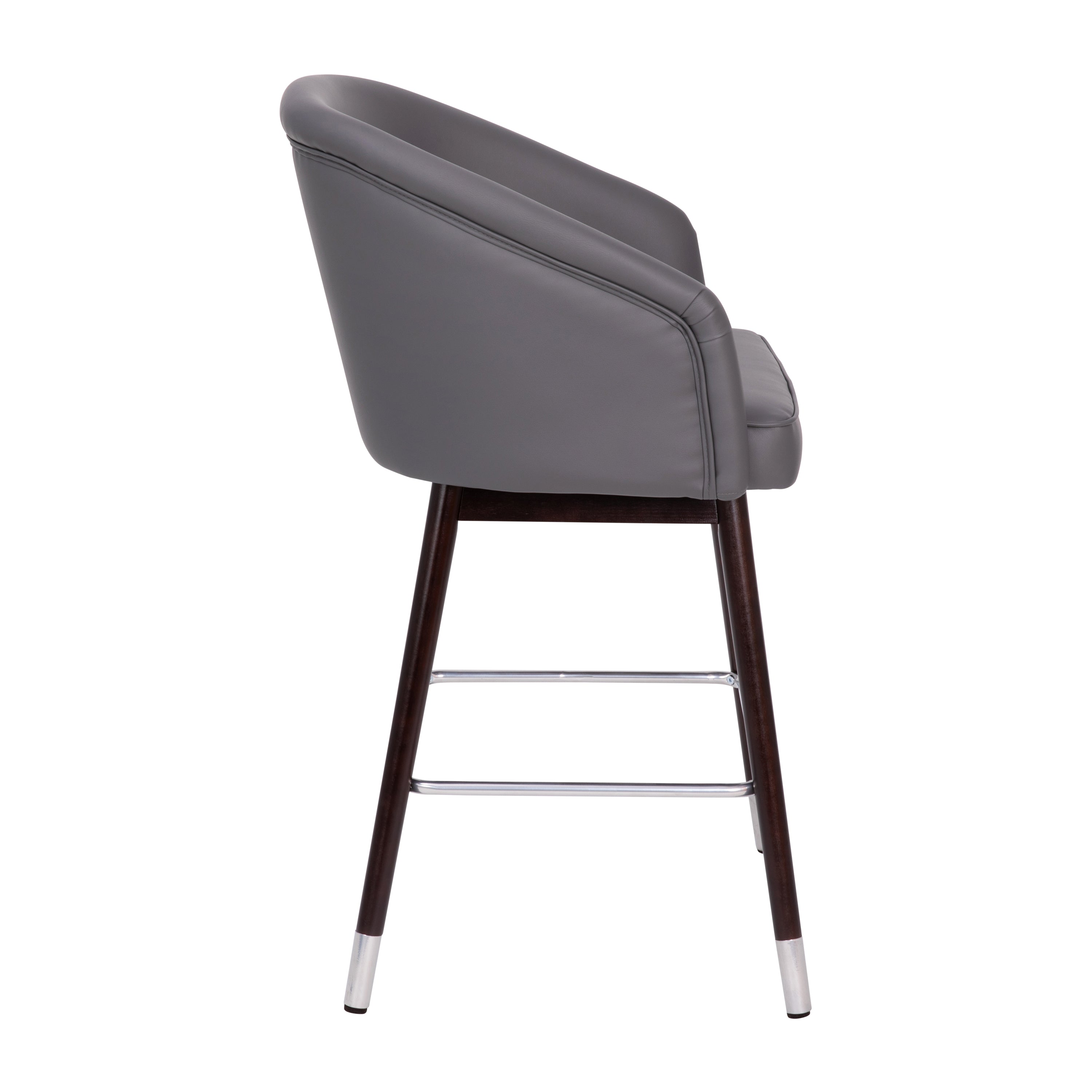 Margo 26" Commercial Grade Mid-Back Modern Counter Stool with Walnut Finish Beechwood Legs and Contoured Back, Gray LeatherSoft/Silver Accents