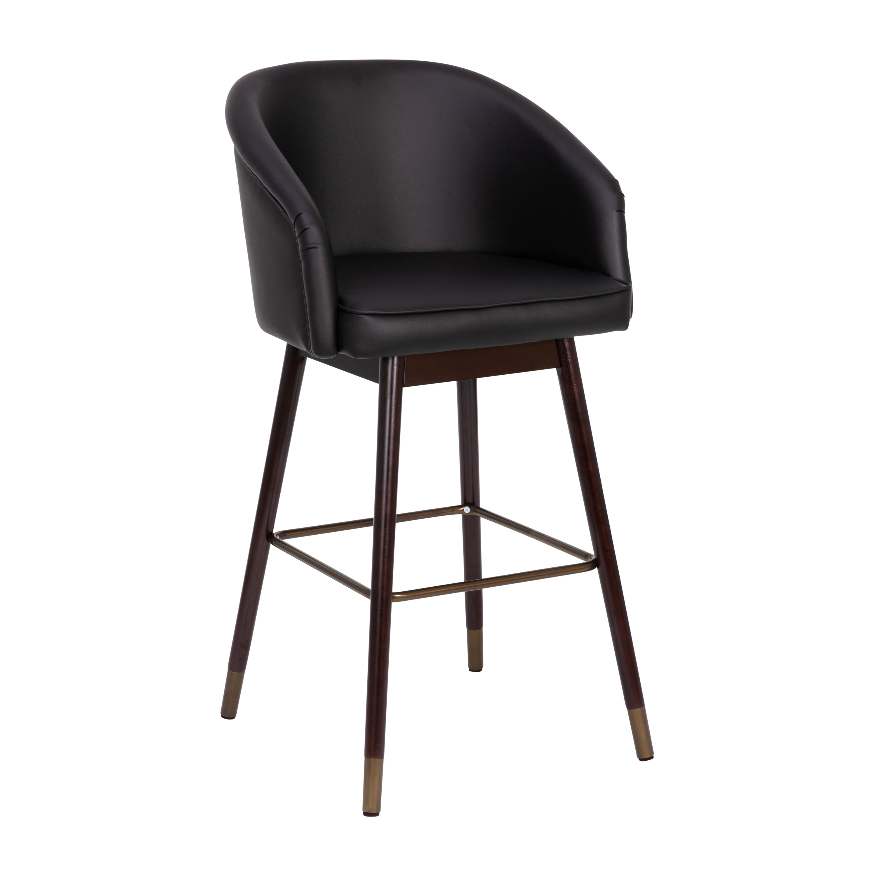 Margo 30" Commercial Grade Mid-Back Modern Barstool with Walnut Finish Beechwood Legs and Curved Back, Black LeatherSoft with Muted Bronze Accents