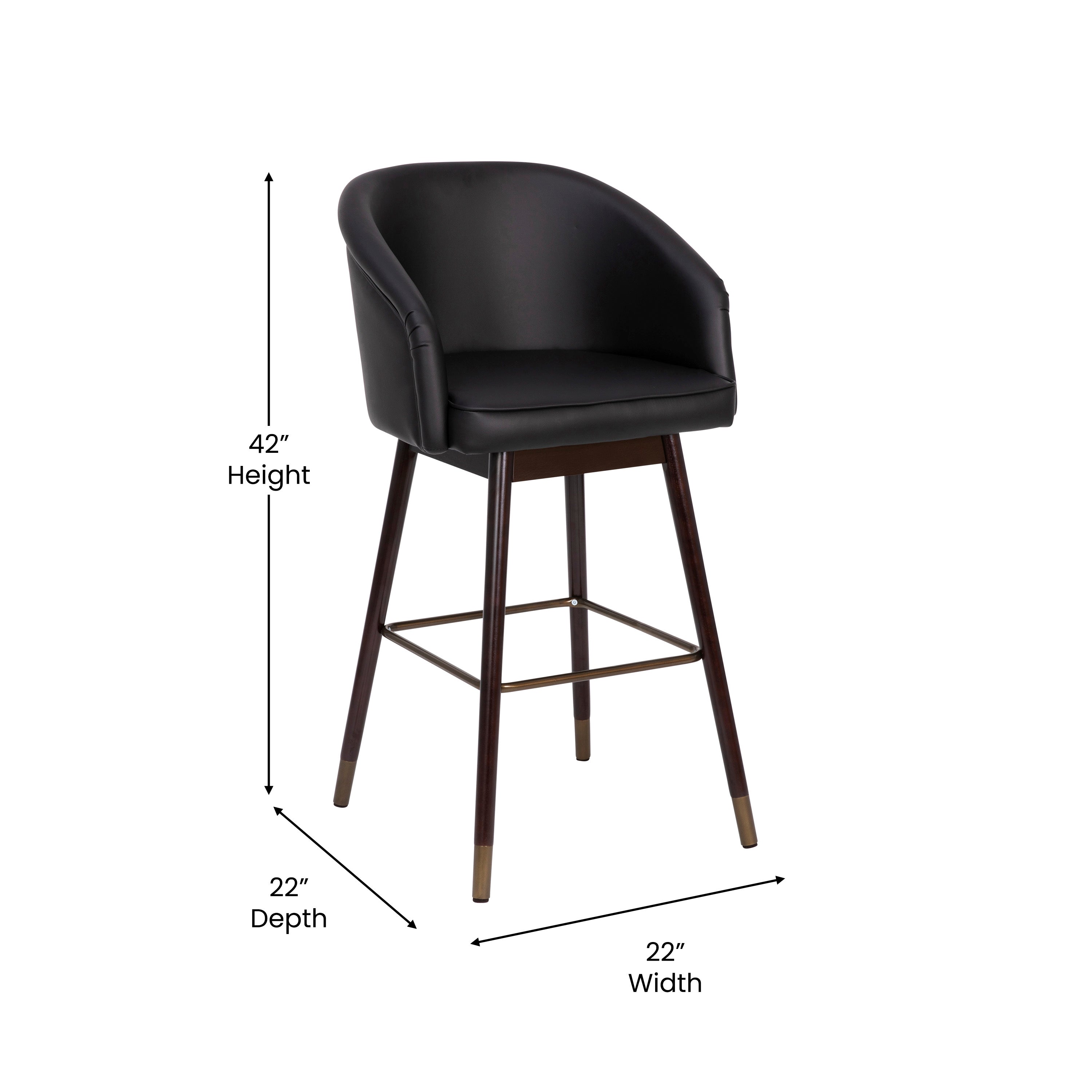 Margo 30" Commercial Grade Mid-Back Modern Barstool with Walnut Finish Beechwood Legs and Curved Back, Black LeatherSoft with Muted Bronze Accents