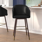 Margo 30" Commercial Grade Mid-Back Modern Barstool with Walnut Finish Beechwood Legs and Curved Back, Black LeatherSoft with Muted Bronze Accents
