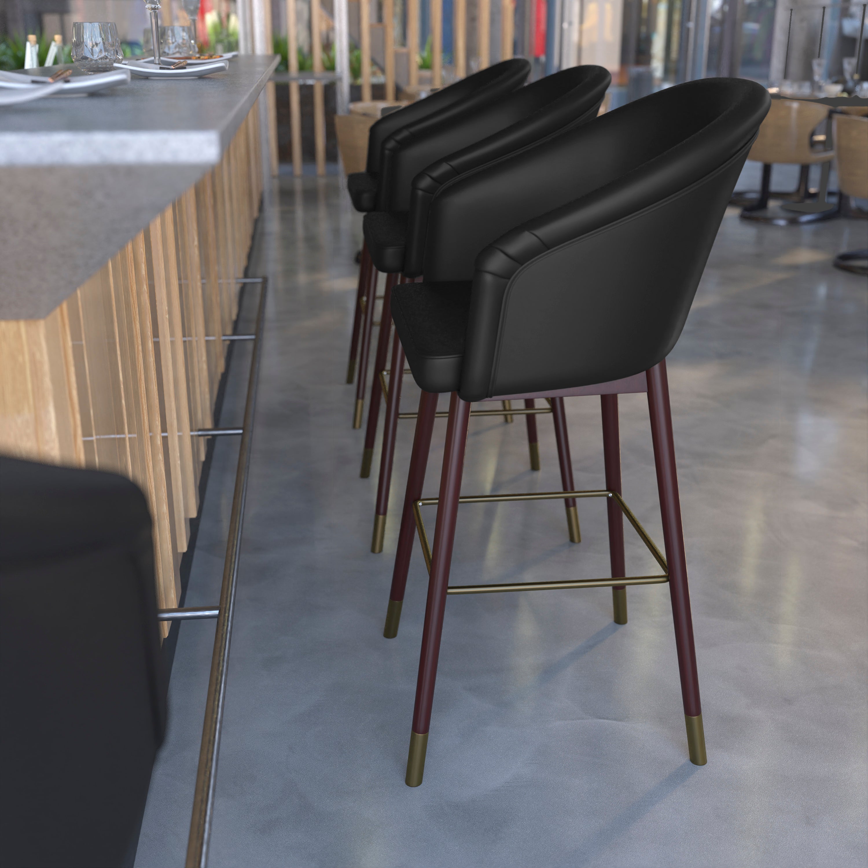 Margo 30" Commercial Grade Mid-Back Modern Barstool with Walnut Finish Beechwood Legs and Curved Back, Black LeatherSoft with Muted Bronze Accents