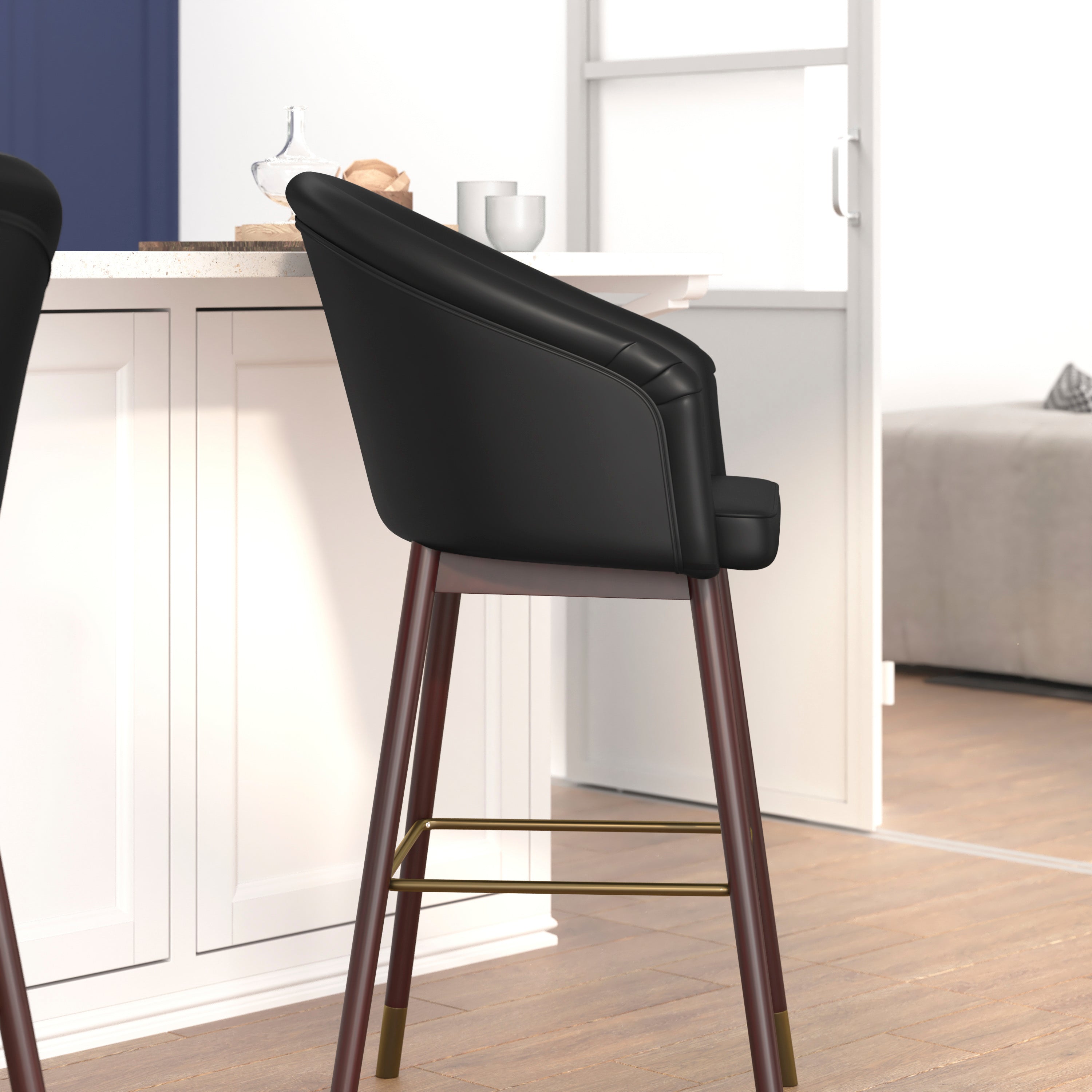 Margo 30" Commercial Grade Mid-Back Modern Barstool with Walnut Finish Beechwood Legs and Curved Back, Black LeatherSoft with Muted Bronze Accents